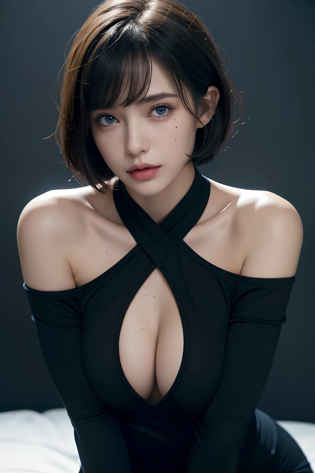 short hair, skintight black top:1.2, looking at viewer, cinematic lighting, perfect, soft lights, high resolution skin:1.2, realistic skin texture, realistic face, lean girl, off shoulder, Exposed cleavage, blue Eyes,( mole under eye),(( mole)), long bangs,
