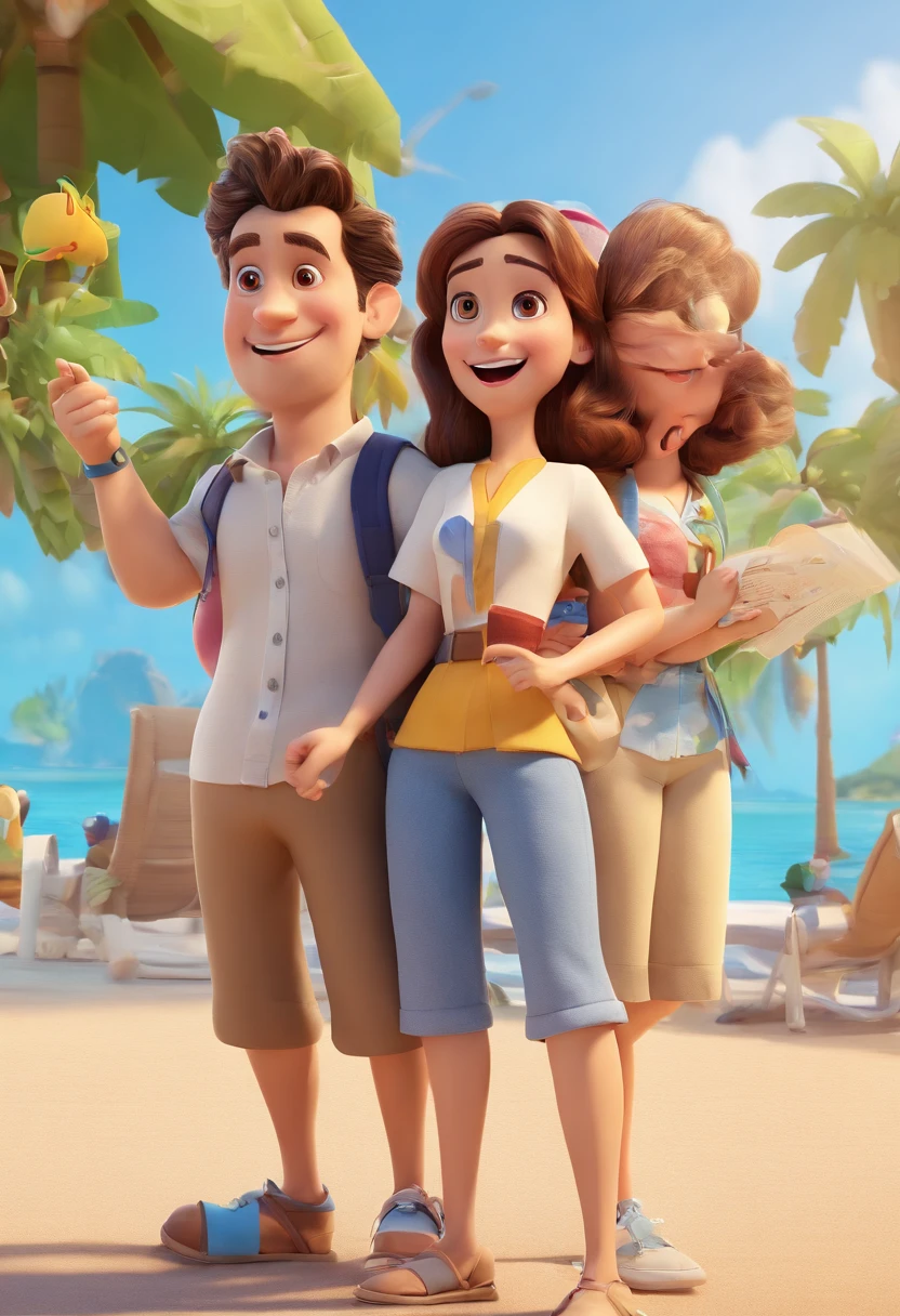 Cartoon of friends having fun on vacation together,  3D Animation Movie Poster, Poster de filme animado, pixar 3 d animation style, pixar renderman rendering, maia 8 mil, animated film, Disney Pixar Estilo 3D, amigos felizes saem juntos, all wearing light blue shirts and cream brown long pants, camisa azul clara, cream brown pants, ao ar livre, vacation, Disney Pixar Animation Poster