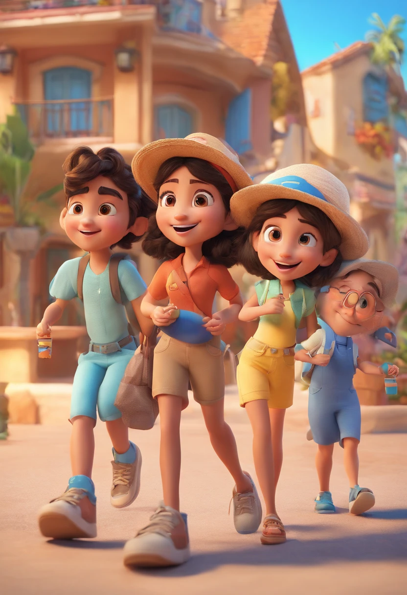 Cartoon of friends having fun on vacation together,  3D Animation Movie Poster, Poster de filme animado, pixar 3 d animation style, pixar renderman rendering, maia 8 mil, animated film, Disney Pixar Estilo 3D, amigos felizes saem juntos, all wearing light blue shirts and cream brown long pants, camisa azul clara, cream brown pants, ao ar livre, vacation, Disney Pixar Animation Poster