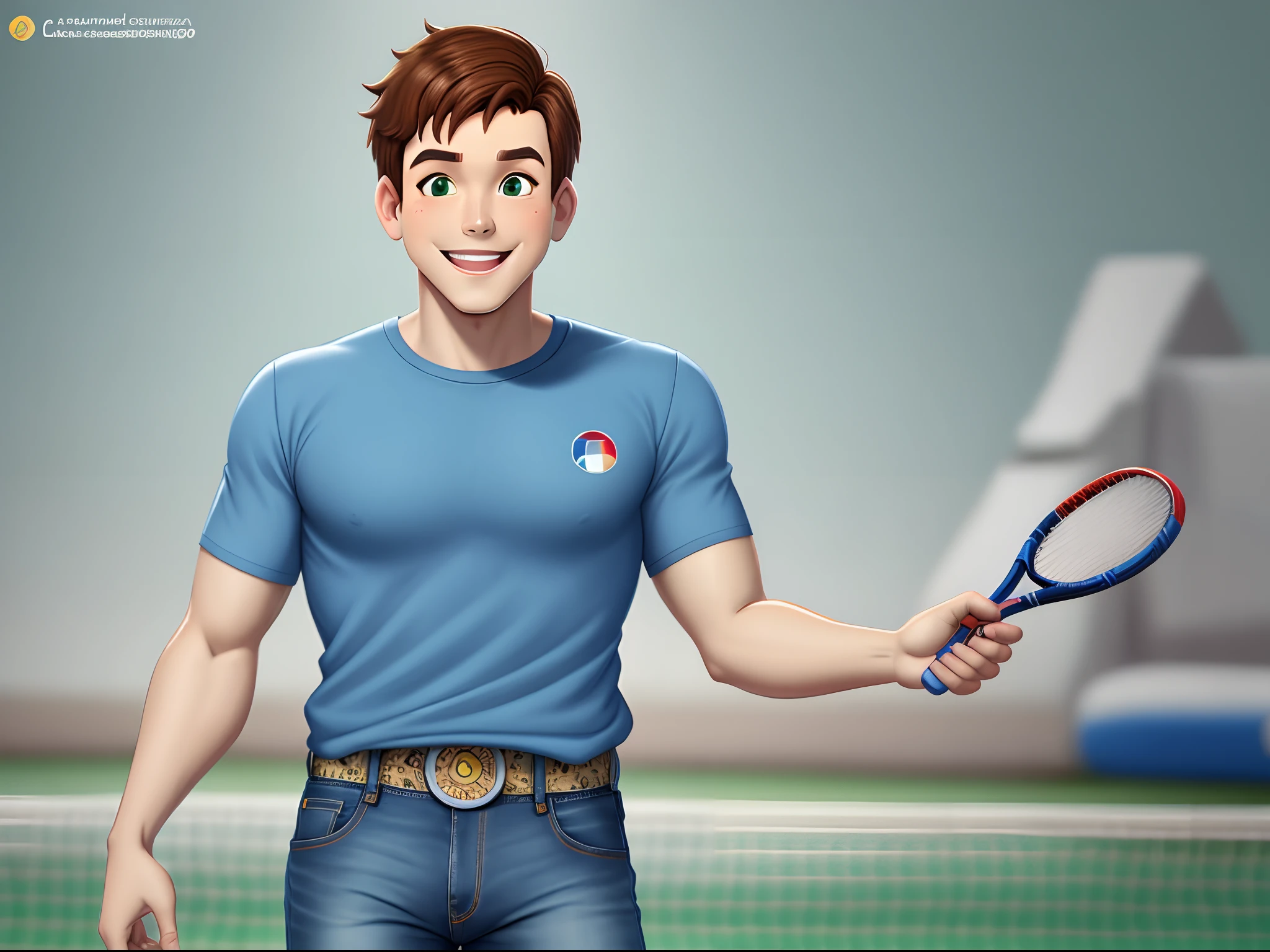 Homem desenho estilo Pixar de corpo inteiro, camisa Social Azul aberta e uma branca por baixo, calca jeans e tenis branco, cabelo curto, olhos verdes, cavanhaque, spiercing, sorridente