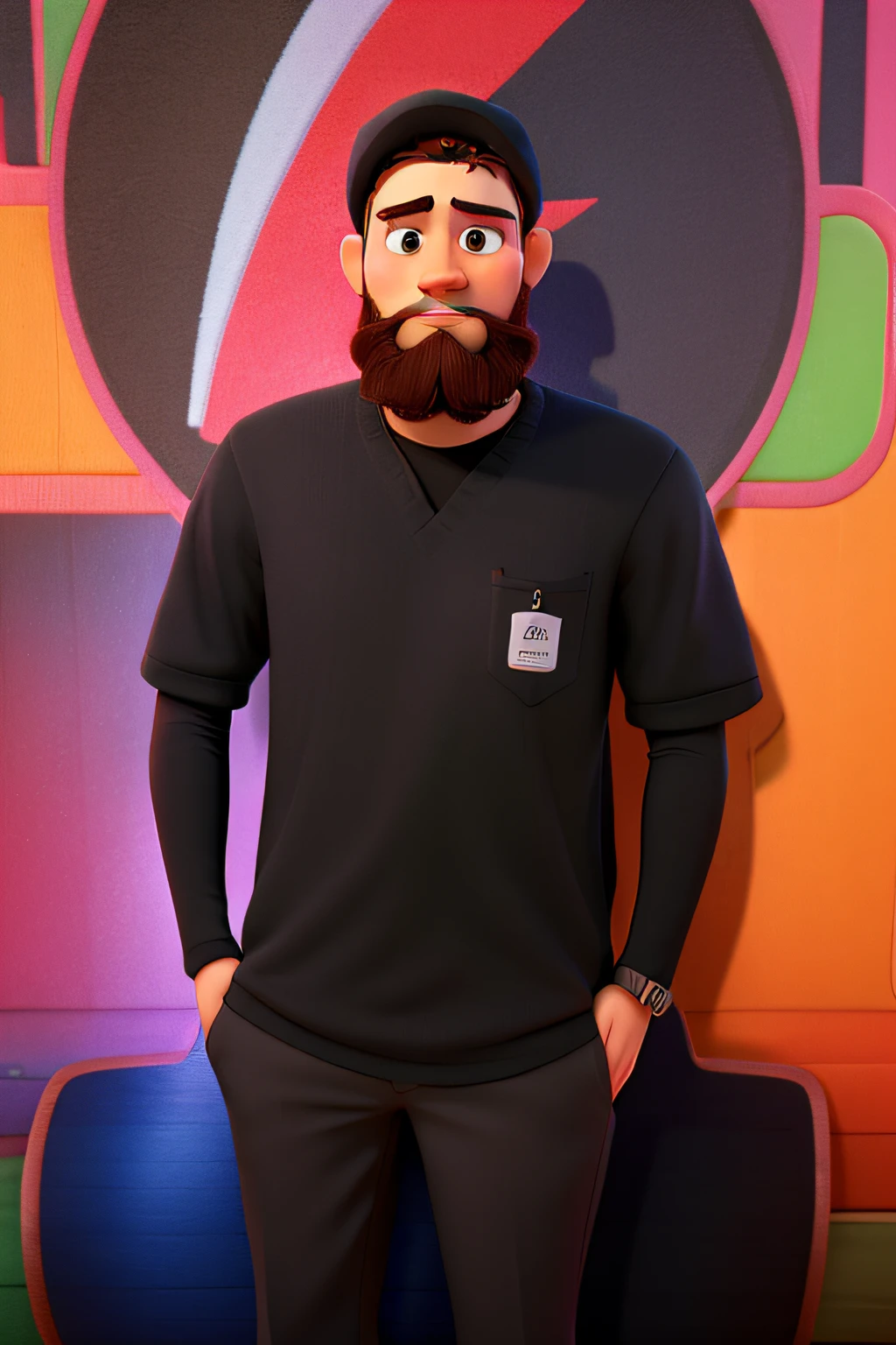 Man in cap black with stocking beard, olhando parada mim,parada na frente, disney pixar, alta qualidade, melhor qualidade
