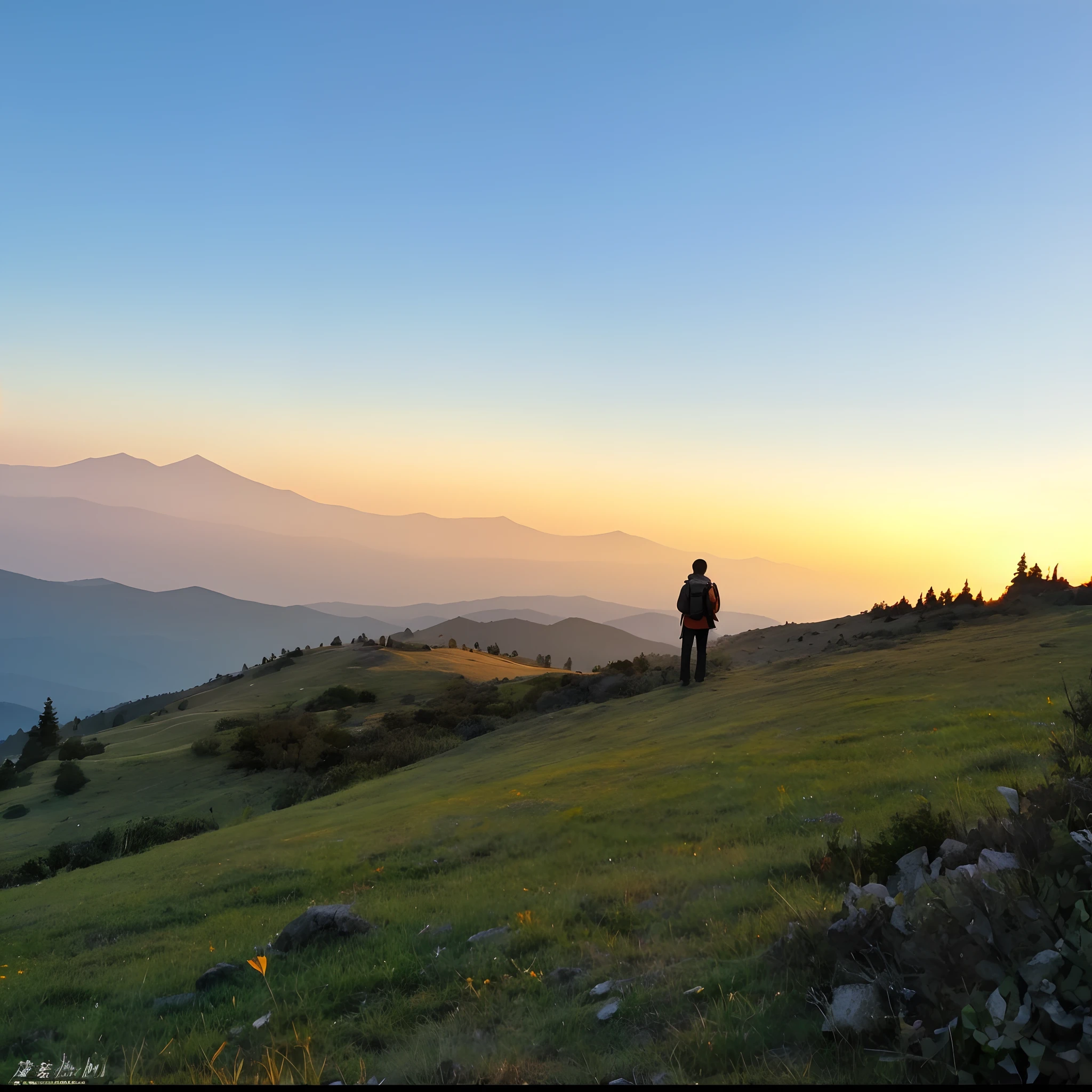 There was a man standing on a hill with a backpack on his back, during sunrise, mountains and colorful sunset!!, Sunset view, late sunset, At sunrise, mountains and sunset!!, during dawn, 8 k''. filling of the view, Far view, As night fell, At dusk!, dusk setting, at dusk at golden hour, last light on mountain top