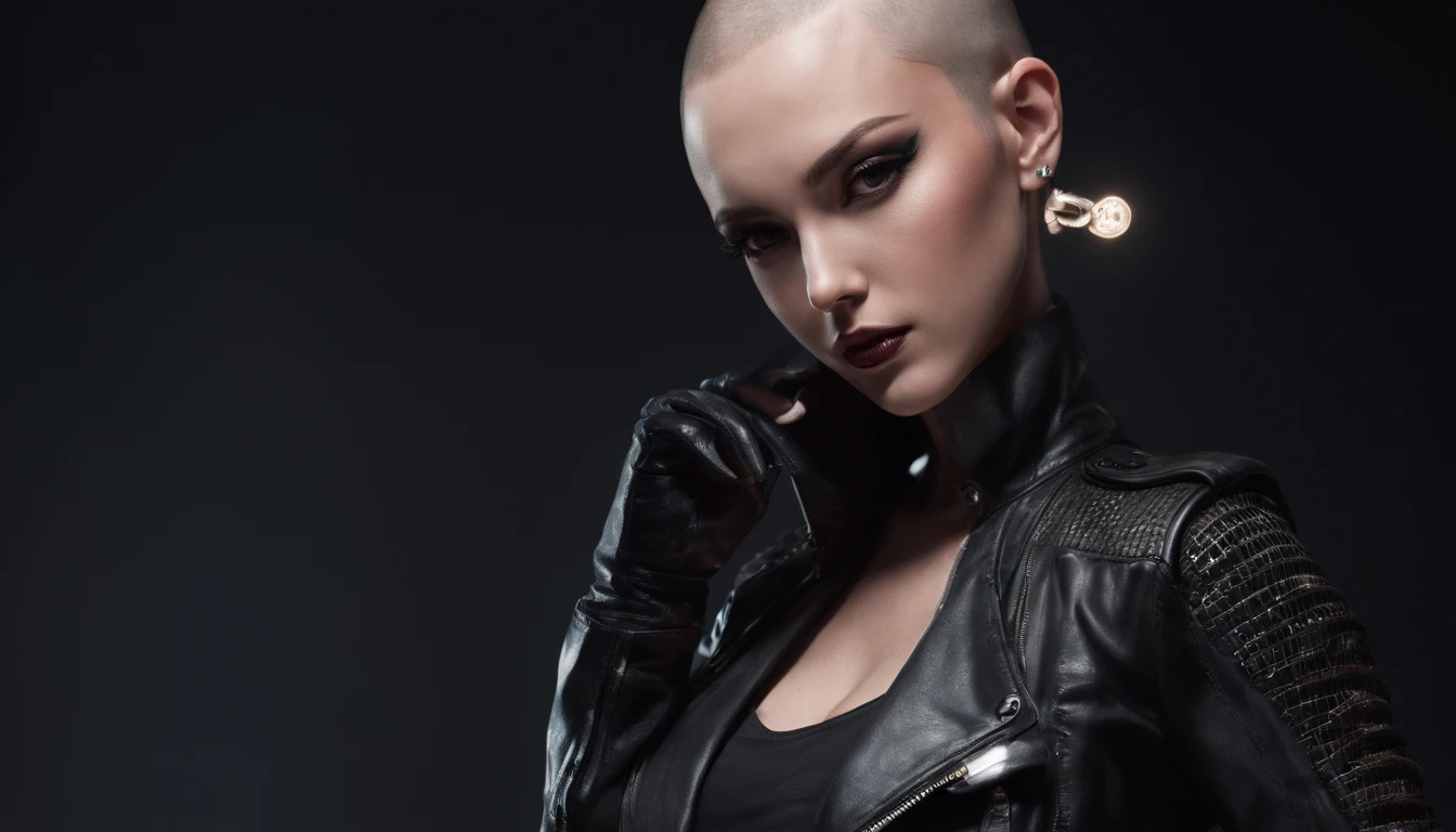 Beautiful shaved head woman dressed in leather jacket and fishnet bodysuit posing for a photo in a night club, black make-up, techno aesthetic, sensual pose, ultra detailed, photorealistic, masterpiece.
