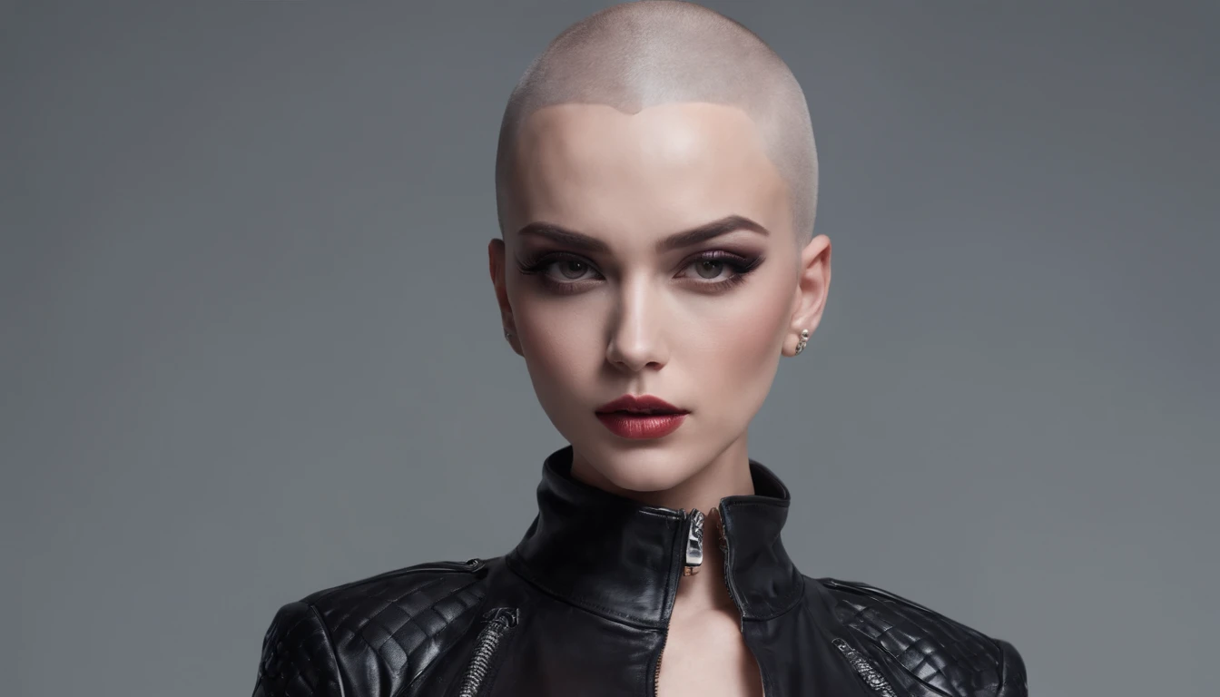 Beautiful shaved head woman dressed in leather jacket and fishnet bodysuit posing for a photo in a night club, black make-up, techno aesthetic, sensual pose, ultra detailed, photorealistic, masterpiece.