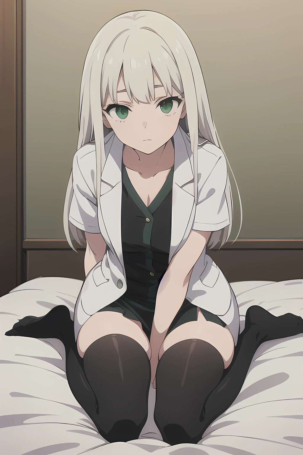 1girl, small, solo, (masterpiece:1.2), an elegant girl on the couch of a detailed modern living room, she has white straight hair, brown eyes, white fox ears, white skin, black elegant coat, with shirt with a black tie, naked pussy, spread legs, sweating, soaked, masturbating, anime style