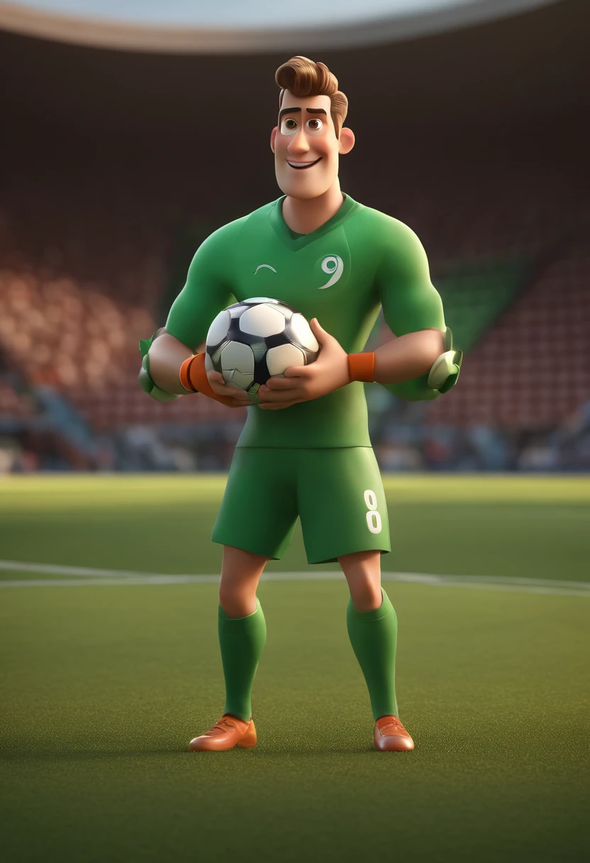 Cartoon character of a goalkeeper with the ball in his hand and a green shirt with the number 99, animation character, Caractere estilizado, animation style rendering, 3D estilizado, 3 d render stylized, toon render keyshot, Personagem 3D, Personagem 3D, 3d rendering stylized, 3 d character render, personagem de desenho animado, Personagem de close up, Pose de personagem, (Estilo Pixar) (master part:1.2) (Bokeh) (best quality) (pele detalhada) (textura detalhada) (8k) (argila) (Cinematic lighting) (foco nítido