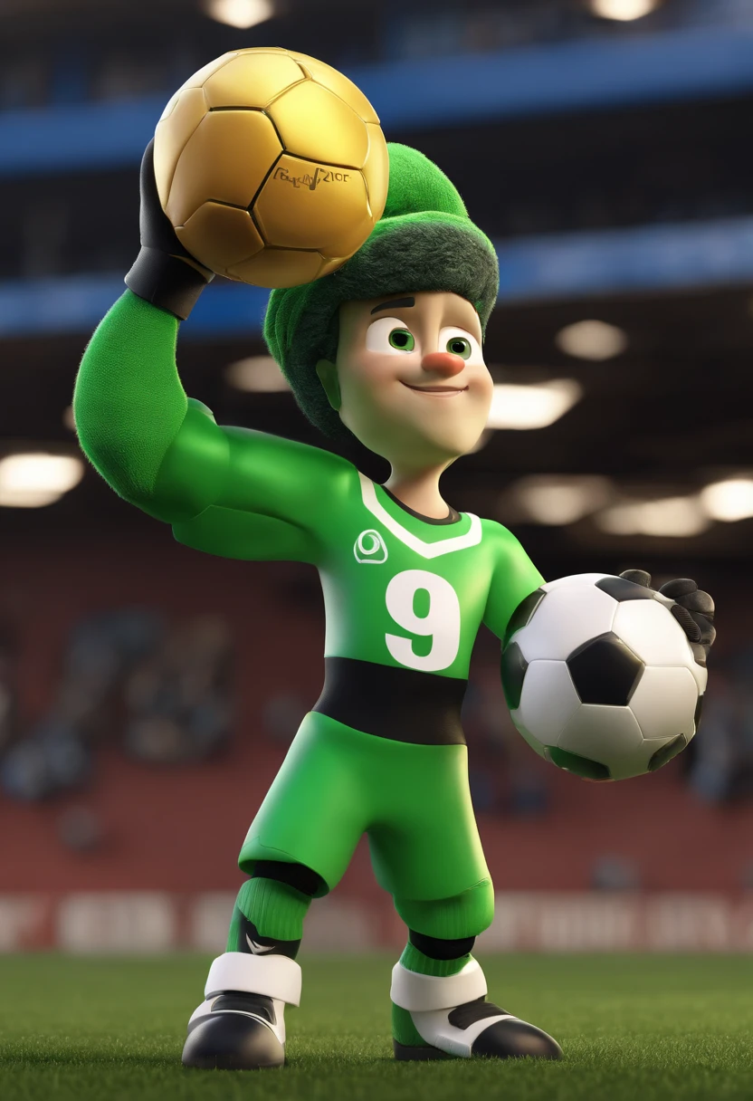 Cartoon character of a goalkeeper with the ball in his hand and a green shirt with the number 99, animation character, Caractere estilizado, animation style rendering, 3D estilizado, 3 d render stylized, toon render keyshot, Personagem 3D, Personagem 3D, 3d rendering stylized, 3 d character render, personagem de desenho animado, Personagem de close up, Pose de personagem,  (Estilo Pixar) (master part:1.2) (Bokeh) (best quality) (pele detalhada) (textura detalhada) (8k) (argila) (Cinematic lighting) (foco nítido