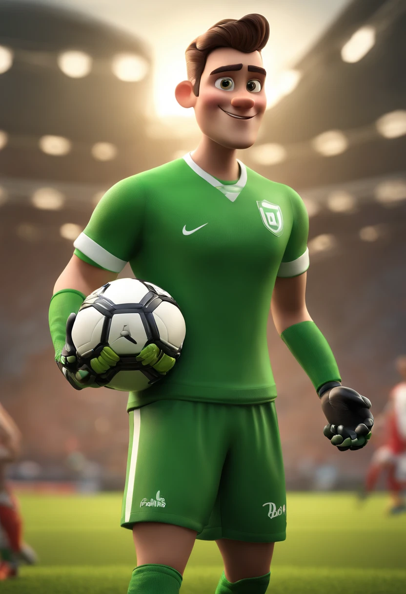 Cartoon character of a goalkeeper with the ball in his hand and a green shirt with the number 99, animation character, Caractere estilizado, animation style rendering, 3D estilizado, 3 d render stylized, toon render keyshot, Personagem 3D, Personagem 3D, 3d rendering stylized, 3 d character render, personagem de desenho animado, Personagem de close up, Pose de personagem, (Estilo Pixar) (master part:1.2) (Bokeh) (best quality) (pele detalhada) (textura detalhada) (8k) (argila) (Cinematic lighting) (foco nítido