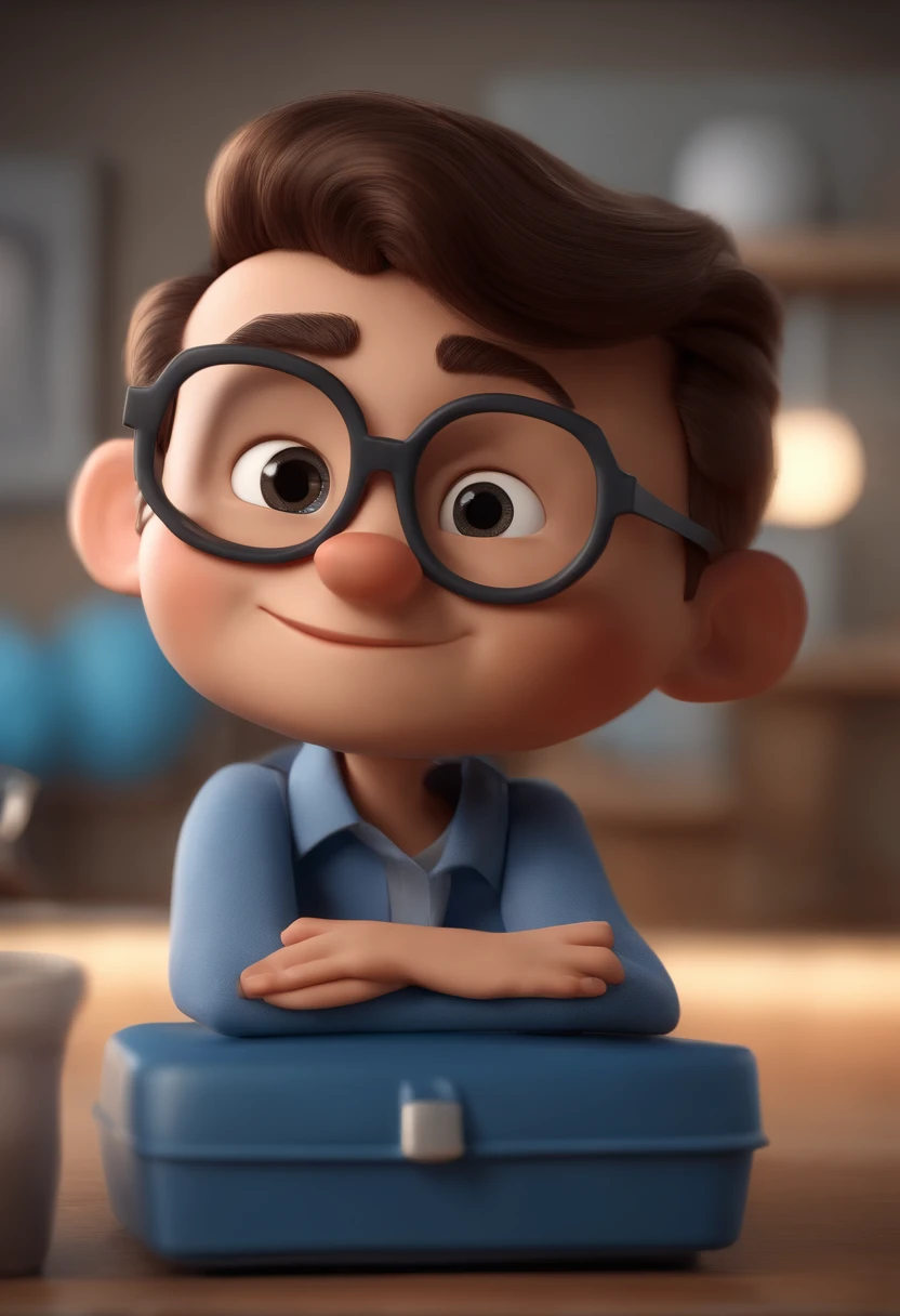 TURN THIS PHOTO INTO A cartoon character of a young man wearing round gray glasses and a blue shirt, um personagem animado, Caractere estilizado, animation style rendering, 3D estilizado, Arnold Maya render, 3 d render stylized, toon render keyshot, Personagem 3D, Personagem 3D, 3d rendering stylized, 3 d character render, personagem de desenho animado, Personagem de close up, Pose de personagem, (Estilo Pixar) (master part:1.2) (Bokeh) (melhor qualidade) (pele detalhada) (textura detalhada) (8k) (argila) (Cinematic lighting) (foco nítido,Sits and empties upper body in a dental office alone