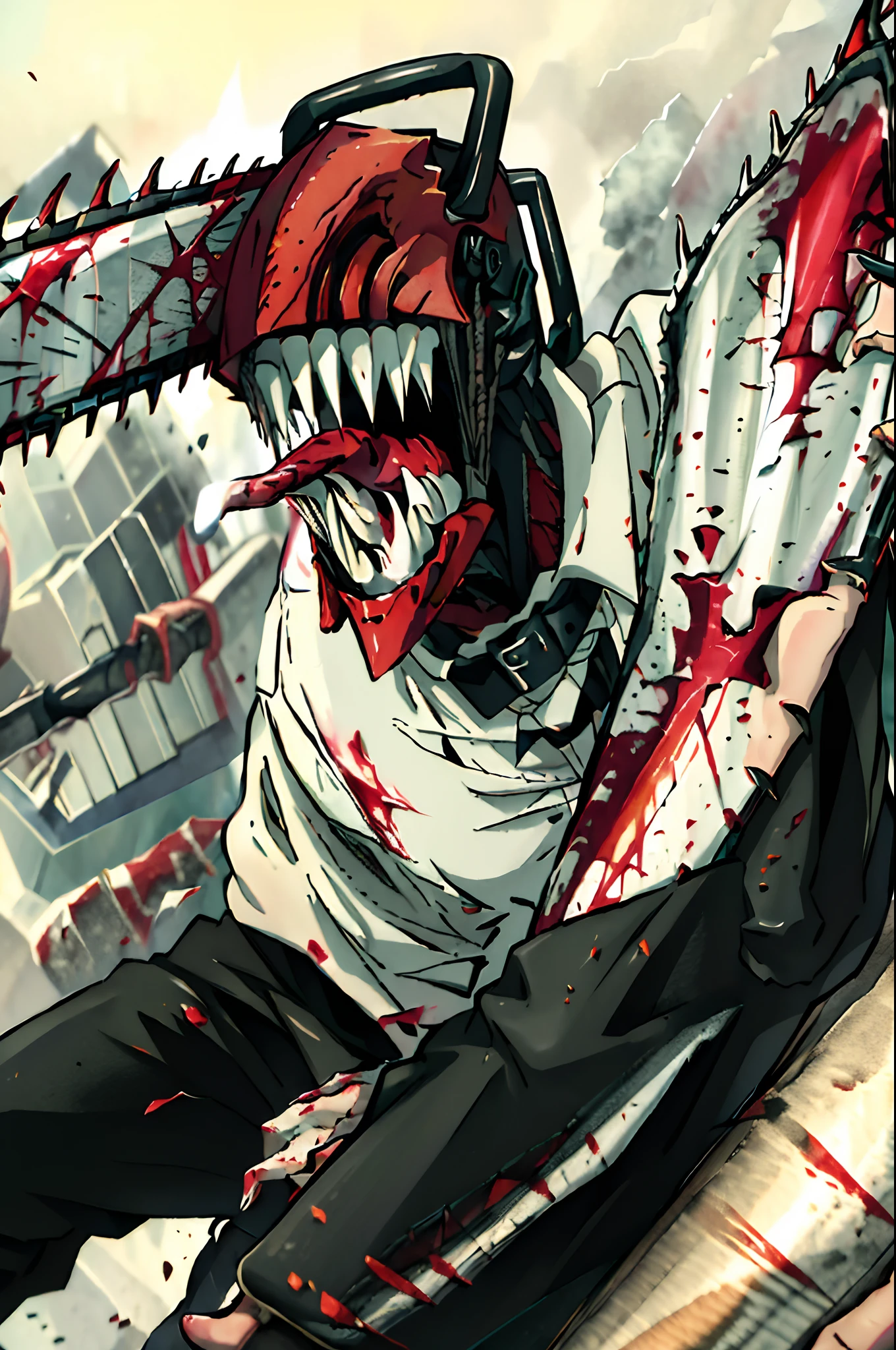 Masterpiece, beste-Qualit, hight resolution, Monster Boy, DJB, sharp teeth, chainsaw, blood on the clothes, Blood on Weapon, shirt with collar, black pant, tongue sticking out,Rage