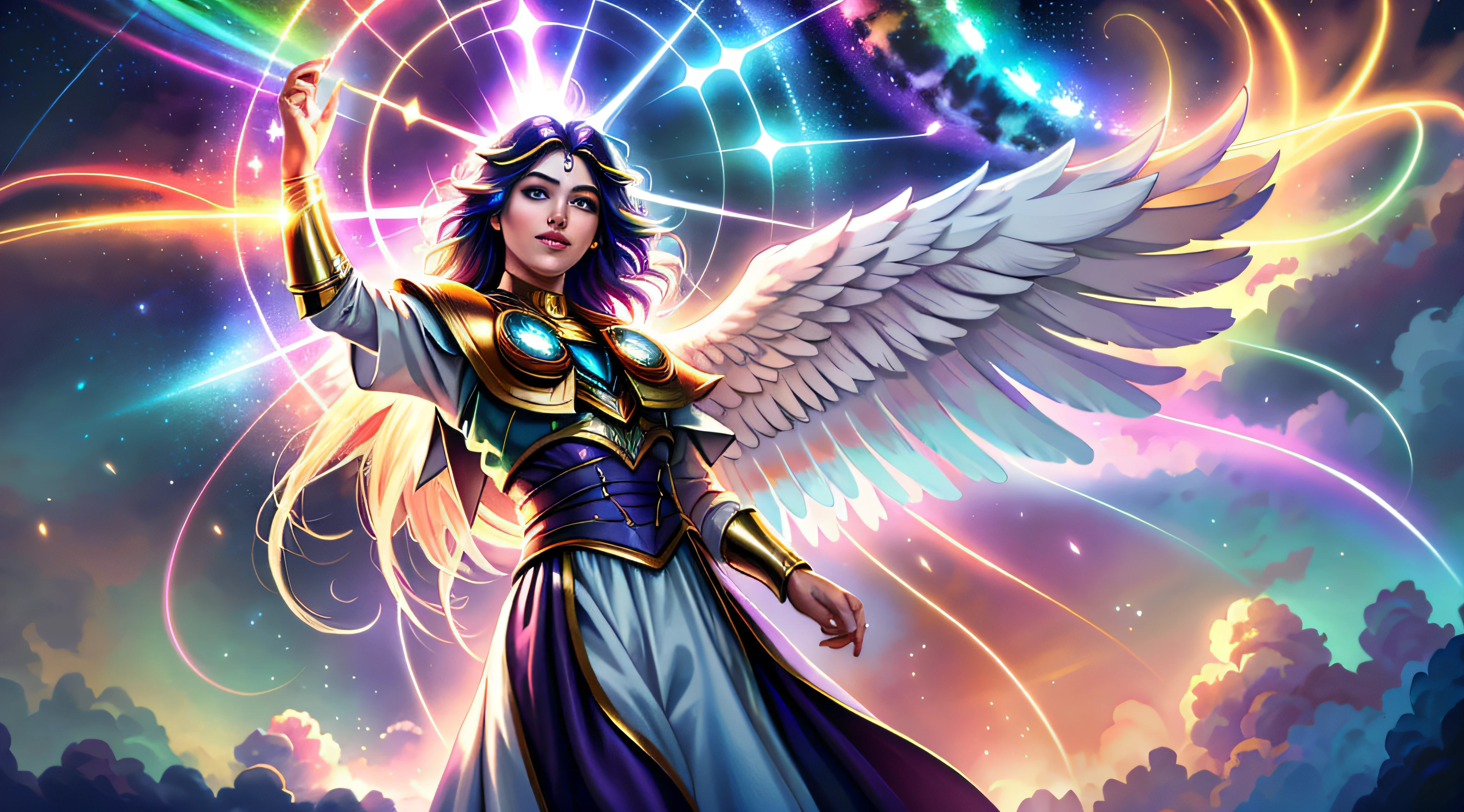 Produce an image of a magical celestial scenery, onde anjos vivem nas nuvens e compartilham segredos especiais com os humanos. Neste mundo, Angels are represented as ethereal beings, rodeados por uma luz suave e calorosa, sempre presentes ao lado de pessoas. Eles transmitem mensagens de amor, Hope and Joy in a Unique Way. Depict a colorful rainbow forming in the sky, como se os anjos estivessem pintando um sorriso no horizonte. Ademais, Include twinkling stars at night, Like the angels blinking to remind us of their constant presence, olhos e rosto extremamente detalhados, olhos de alta qualidade, criatividade, Foto RAW, UHD, 8k, luz natural, Cinematic lighting,