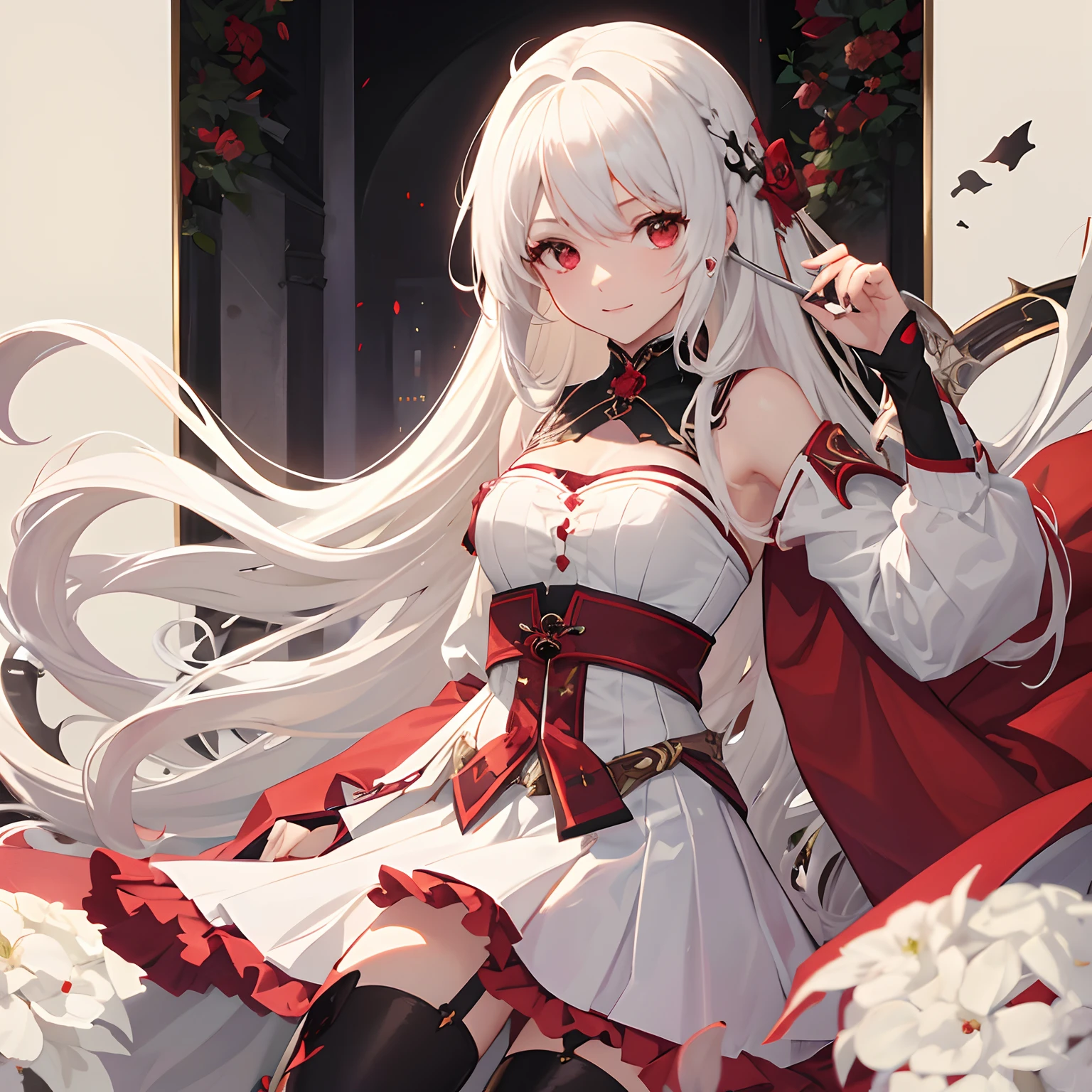 Anime girl with long white hair and red cape sitting on a bed - SeaArt AI