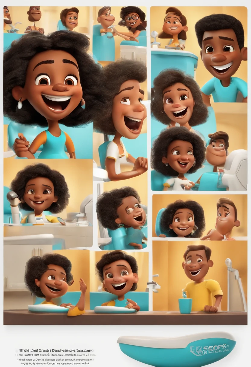 Estilo Pixar: dentista negra com cabelo liso bonito no jaleco amarelo escova de dente, in a dental office 3D Poster,Disney