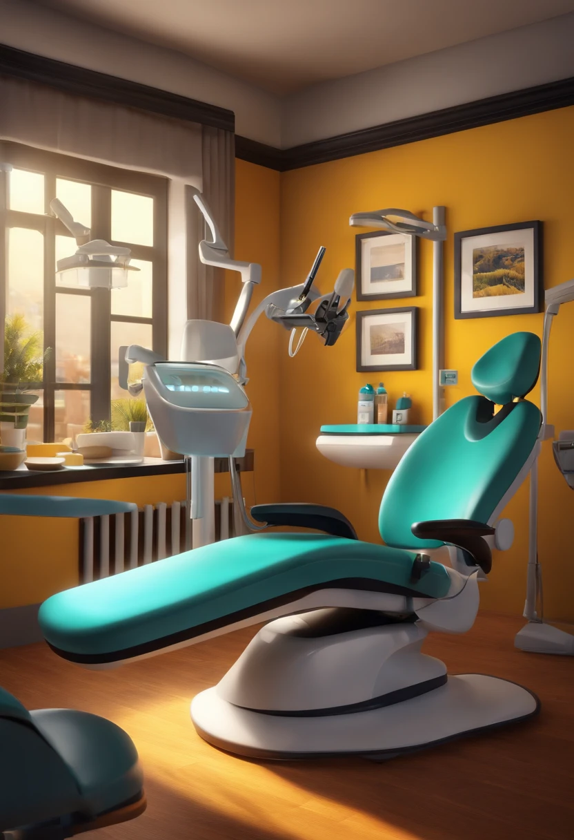 Estilo Pixar: dentista negra com cabelo liso bonito no jaleco amarelo escova de dente, in a dental office 3D Poster,Disney