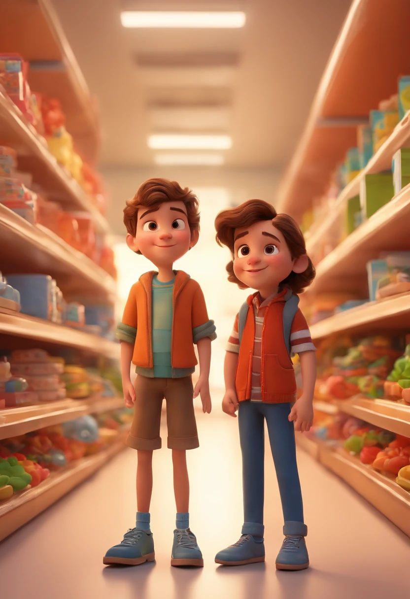 two brothers, a boy and a girl with medium wavy hair in a children's clothing store, eyes a little slanted,Tom, Estilo Pixar, ......3d, desenhos animados, rosto detalhado, Asymmetrical 16K Singing