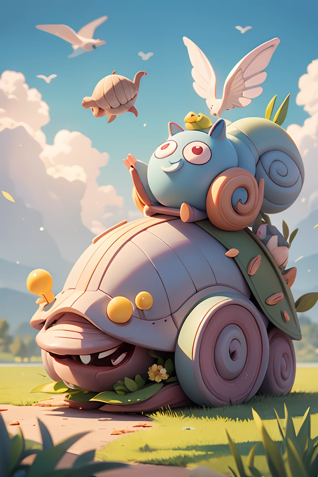 A giant snail in two-dimensional style,Lovely and kind