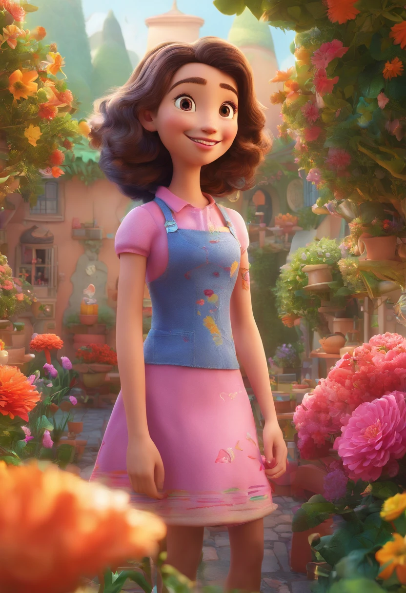 An adorable little girl in a Pixar-style garden, surrounded by vibrant flowers and lush vegetation. Her eyes are bright and detailed, Reflecting the joy and wonder in your heart. Your lips are beautifully shaped, Adding a touch of innocence to your charming face. The girl's appearance is full of life, com bochechas rosadas e um sorriso caloroso que ilumina toda a cena. She's wearing a colorful dress, aumentando o capricho e a jovialidade da obra. The garden is filled with various Pixar characters and objects, making it a magical and enchanting place. The artwork is created using a combination of illustration and 3D rendering, resulting in a visually stunning fusion of styles. The image quality is of the highest standard, with crisp details and realistic texture. The colors are vivid and vibrant, adding to the overall lively and energetic atmosphere. The lighting in the garden is soft and warm, casting a soft glow over the girl and the surroundings, Creating a sense of comfort and happiness.