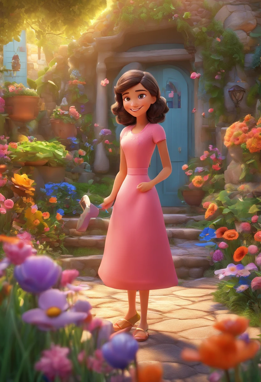 An adorable little girl in a Pixar-style garden, surrounded by vibrant flowers and lush vegetation. Her eyes are bright and detailed, Reflecting the joy and wonder in your heart. Your lips are beautifully shaped, Adding a touch of innocence to your charming face. The girl's appearance is full of life, com bochechas rosadas e um sorriso caloroso que ilumina toda a cena. She's wearing a colorful dress, aumentando o capricho e a jovialidade da obra. The garden is filled with various Pixar characters and objects, making it a magical and enchanting place. The artwork is created using a combination of illustration and 3D rendering, resulting in a visually stunning fusion of styles. The image quality is of the highest standard, with crisp details and realistic texture. The colors are vivid and vibrant, adding to the overall lively and energetic atmosphere. The lighting in the garden is soft and warm, casting a soft glow over the girl and the surroundings, Creating a sense of comfort and happiness.