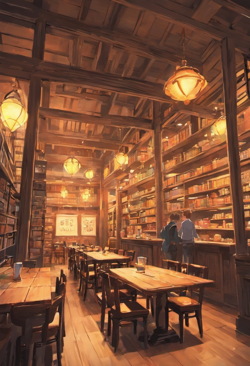 Classic Library,There are a lot of books on the shelves, cozy cafe background, Cozy place, Welcoming environment, designed for cozy aesthetics, relaxing concept art, Cozy home background, cosy atmosphere, Comfortable and cozy atmosphere, highly detailed scenario, a multidimensional cozy tavern, Cozy and peaceful atmosphere, Cozy living room background, Welcoming environment, cosy atmosphere, ultradetailed environment、Wooden table、Wooden chair、Warm lighting