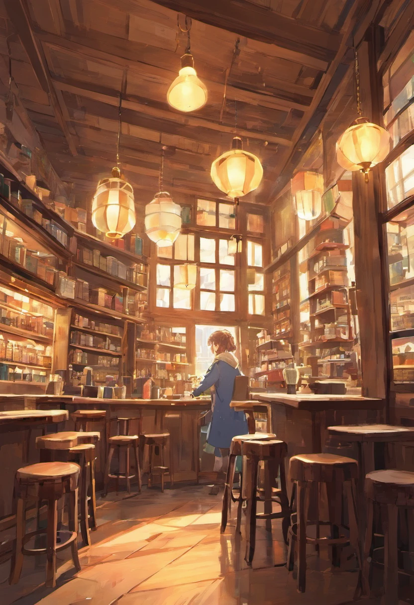 Classic Library，There are a lot of books on the shelves, cozy cafe background, Cozy place, Welcoming environment, designed for cozy aesthetics, relaxing concept art, Cozy home background, cosy atmosphere, Comfortable and cozy atmosphere, highly detailed scenario, a multidimensional cozy tavern, Cozy and peaceful atmosphere, Cozy living room background, Welcoming environment, cosy atmosphere, ultradetailed environment、Wooden table、Wooden chair、Warm lighting