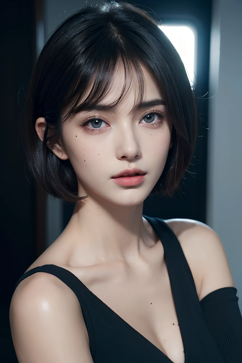 short hair, skintight black top:1.2, looking at viewer, cinematic lighting, perfect, soft lights, high resolution skin:1.2, realistic skin texture, realistic face,  lean girl,   off shoulder, Exposed cleavage, blue Eyes,, long bangs,