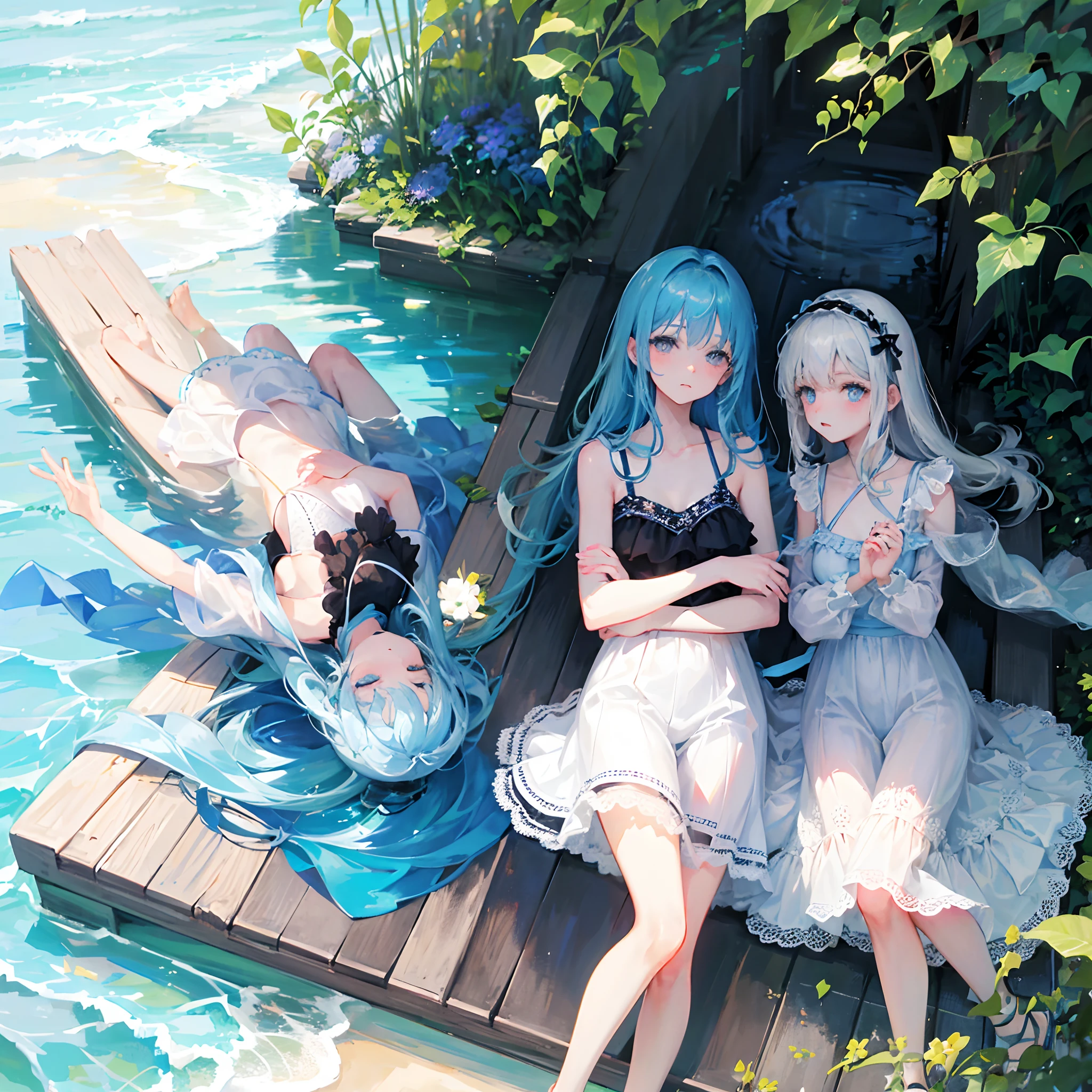 Two more dark blue and light blue hair mermaids sat in the deep ocean