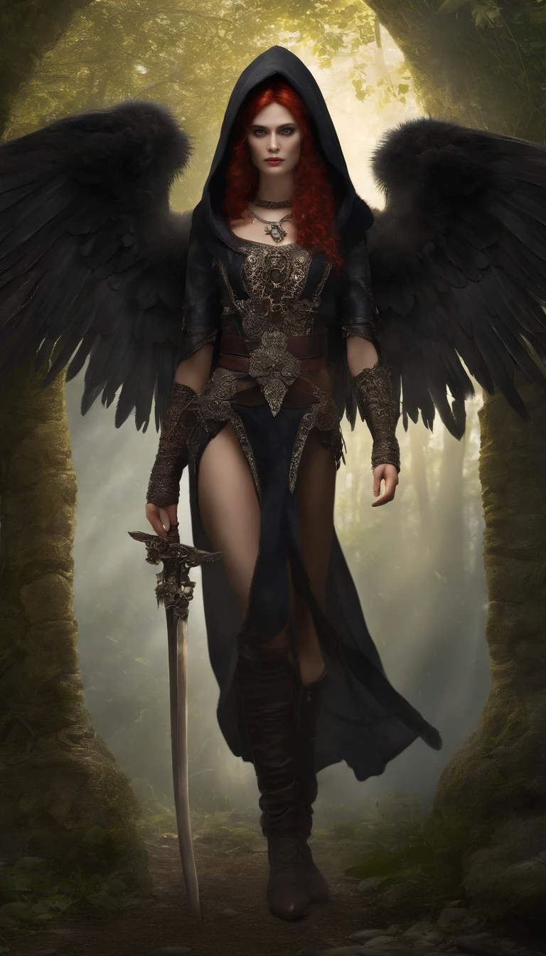 (Numerous award-winning masterpieces of, With incredible details, textures and maximum detail), (Ultra photo realsisim:1.4), (Realistic:1.3), (best quality real texture skin), finely quality eyes, finerly detailed face, ((medieval world)), (shinigami:1.4), (icy look in the eye), (She had a disgusting smile on her face),(Eyes that glow red in the dark), (Dramaticlight), (A majestic sight), Her countenance is gentle and beautiful, but somehow terrifying, (large wings,There are rough black feathers behind the shoulders:1.3), (Wearing a dark black hooded robe with intricate patterns:1.2), Folded wings, Skull pattern earrings, He was followed by a skeleton knight, (((Dramatic photo))), (Twilight), (Sunset), (Dusk), ((dramatic pose)), (flamboyant photo), (Golden hair), (Silver hair), (Maroon hair), (full-body portraits:1.4), ((head looking up)), ((Looking down)), (Provides a half-body standing image:1.4), (Around her neck is a simple necklace of exquisite workmanship), The forgotten graves are overgrown with vegetation, necropolis, Underground labyrinth, Evil Temple Ruins, Sacrificial temples, mistic, (The magic array of the ominous light:1.2), Ancient Castle Site, Ruins of an abandoned cemetery, Collapsed graves, Backwater Ancient Site, Swamp ruins, wavelets, running water, Shining majestic cloud masses and sky, salama,the night,with black background,black in color,greys,Dark tones