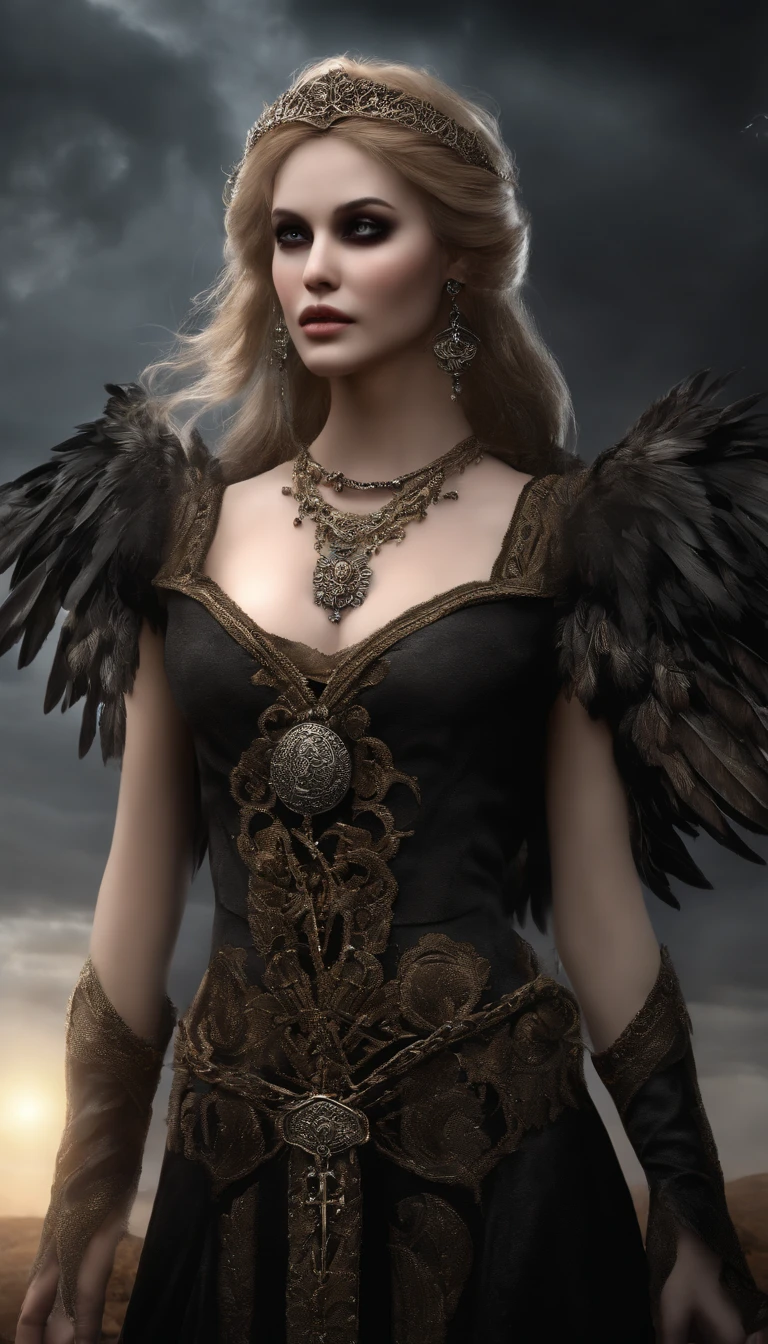 (Numerous award-winning masterpieces of, With incredible details, textures and maximum detail), (Ultra photo realsisim:1.4), (Realistic:1.3), (best quality real texture skin), finely quality eyes, finerly detailed face, ((medieval world)), (shinigami:1.4), (icy look in the eye), (She had a disgusting smile on her face),(Eyes that glow red in the dark), (Dramaticlight), (A majestic sight), Her countenance is gentle and beautiful, but somehow terrifying, (large wings,There are rough black feathers behind the shoulders:1.3), (Wearing a dark black hooded robe with intricate patterns:1.2), Folded wings, Skull pattern earrings, He was followed by a skeleton knight, (((Dramatic photo))), (Twilight), (Sunset), (Dusk), ((dramatic pose)), (flamboyant photo), (Golden hair), (Silver hair), (Maroon hair), (full-body portraits:1.4), ((head looking up)), ((Looking down)), (Provides a half-body standing image:1.4), (Around her neck is a simple necklace of exquisite workmanship), The forgotten graves are overgrown with vegetation, necropolis, Underground labyrinth, Evil Temple Ruins, Sacrificial temples, mistic, (The magic array of the ominous light:1.2), Ancient Castle Site, Ruins of an abandoned cemetery, Collapsed graves, Backwater Ancient Site, Swamp ruins, wavelets, running water, Shining majestic cloud masses and sky, salama,the night,with black background,black in color,greys,Dark tones