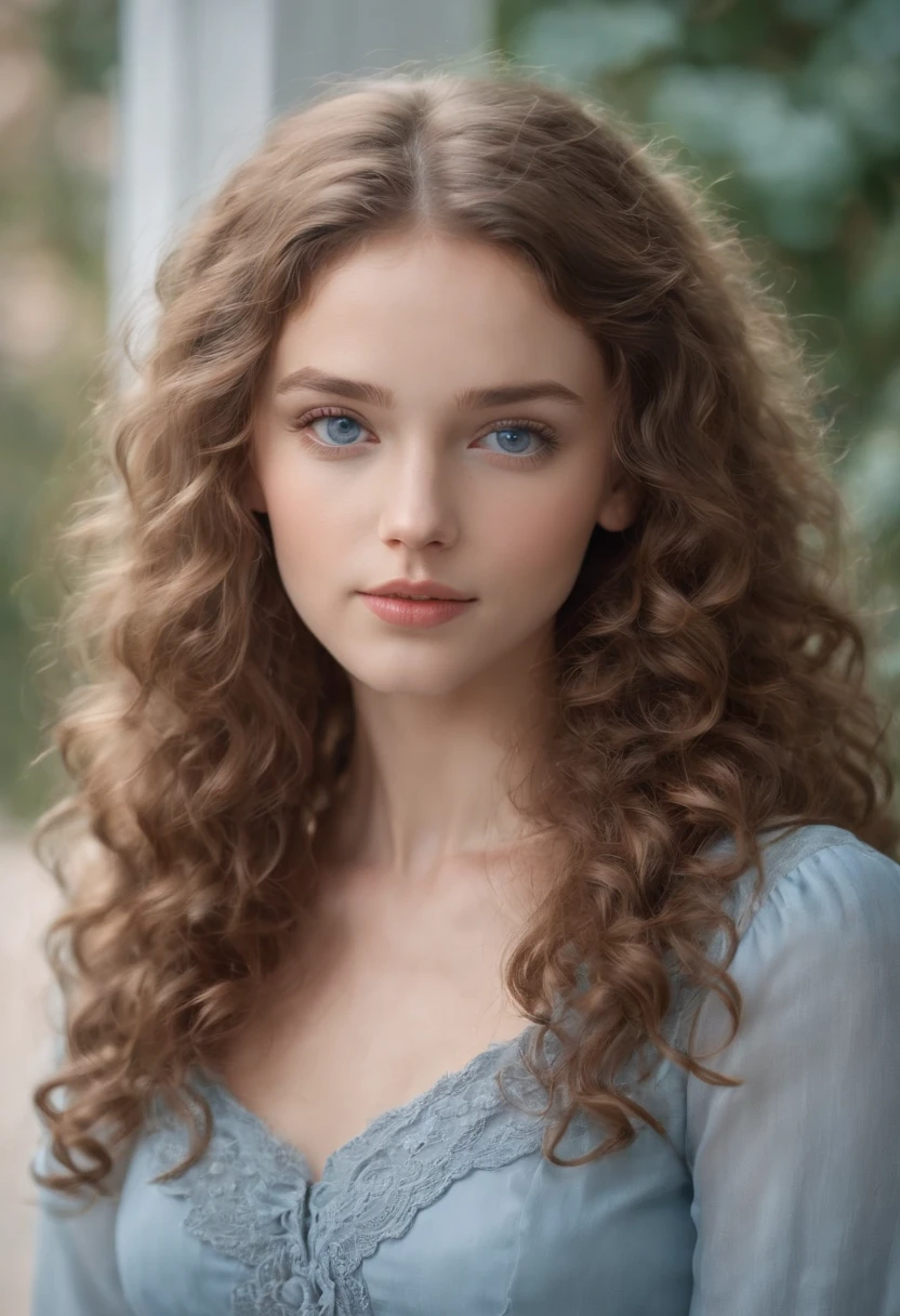 "Full body portrait of a charming girl with curly hair, petite figure, beautiful face, captivating blue eyes, and modest bust size, showcasing her natural beauty."