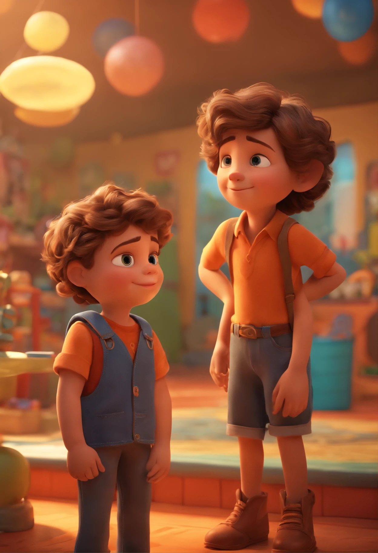 two brothers, a boy and a girl with medium wavy hair in a children's clothing store, eyes a little slanted,Tom, Estilo Pixar, ......3d, desenhos animados, rosto detalhado, Asymmetrical 16K Singing