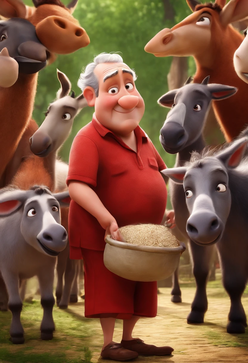 A fat old man looking like Lula Luiz Inácio da Silva with some animals donkeys wearing red shirt, e sobre eles uma chuva de picanha tudo em estilo Disney pixar.