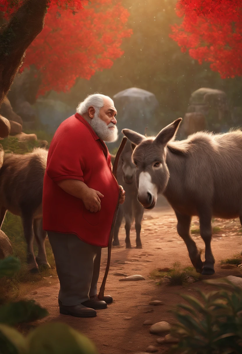 A fat old man looking like Lula Luiz Inácio da Silva with some animals donkeys wearing red shirt, e sobre eles uma chuva de picanha tudo em estilo Disney pixar.