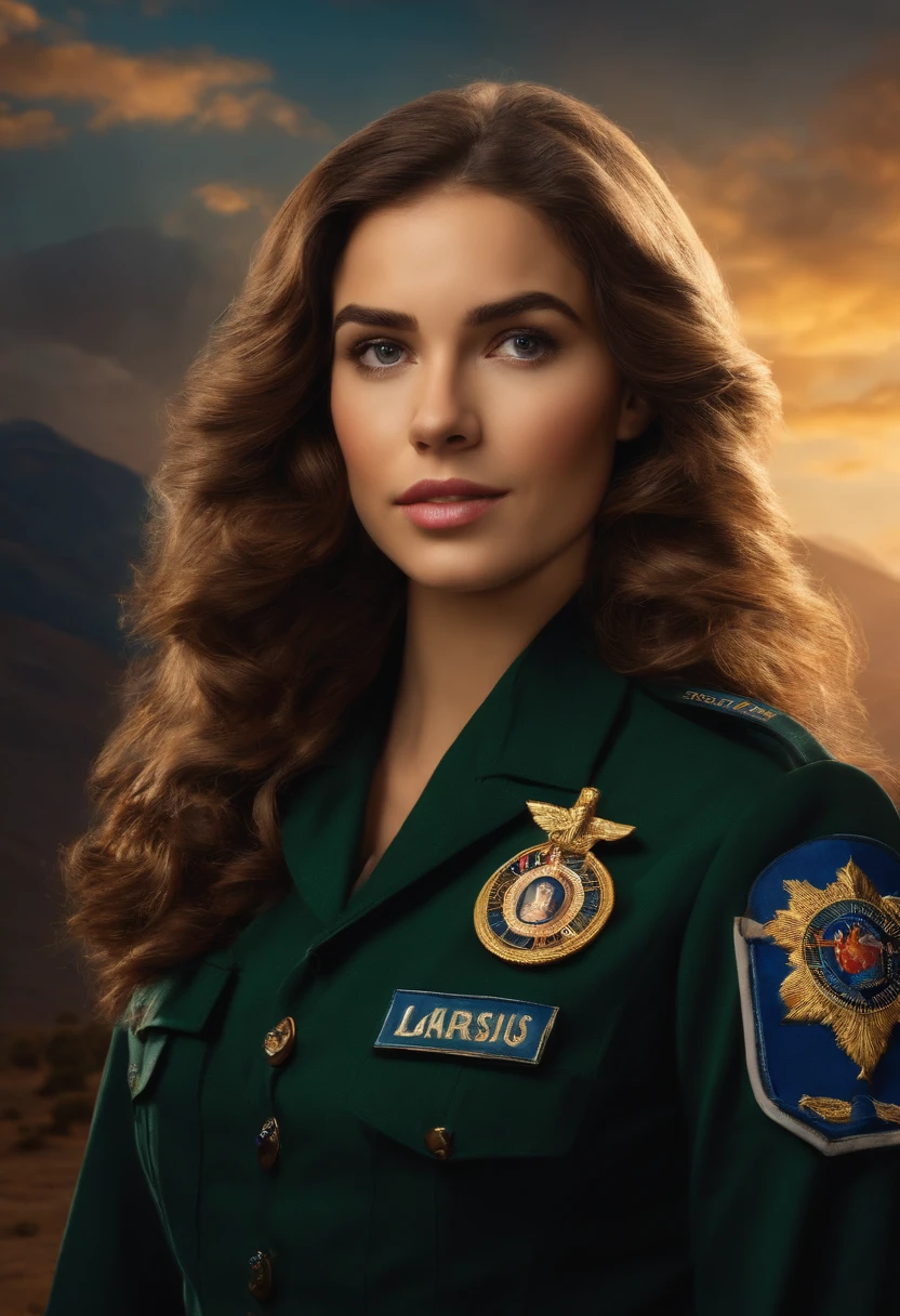a young woman with medium long brown curly hair wearing an area force uniform with the name "Larissa" and Jesus looking at the young woman in the background.