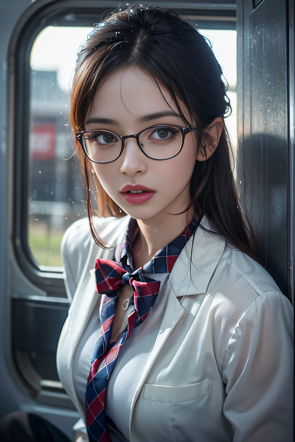 ((Schoolgirl on the train door))、((Wet white blazer)),((Translucent wet white blouse、red bowtie、Dark blue checked skirt)).((No bra)) 40k, Photography, masutepiece, Best Quality, Rainy Pattern Background, ((1 Gorgeous wet light hair girl with beautiful eyes, She wears glasses on her beautiful face, )). White skin, Poses variadas.((breasts of medium size,:1.1)), Best Quality, masutepiece, Ultra high definition, (Photorealistic:1.4), Raw photo, (perfect body type), (slim:1.3), Slim abdomen, Perfect slim figure, dynamicposes, (((Full-figured :0.9))), Solo, Cold Light 12000K, Highly detailed facial and skin texture, Detailed eyes, Realistic eyes, Beautiful detailed eyes, (Realistic skin), Attractive, 超A high resolution, A hyper-realistic, Highly detailed,((she is soaking wet))、((erection))、((posterior view)),((Looks Back))、