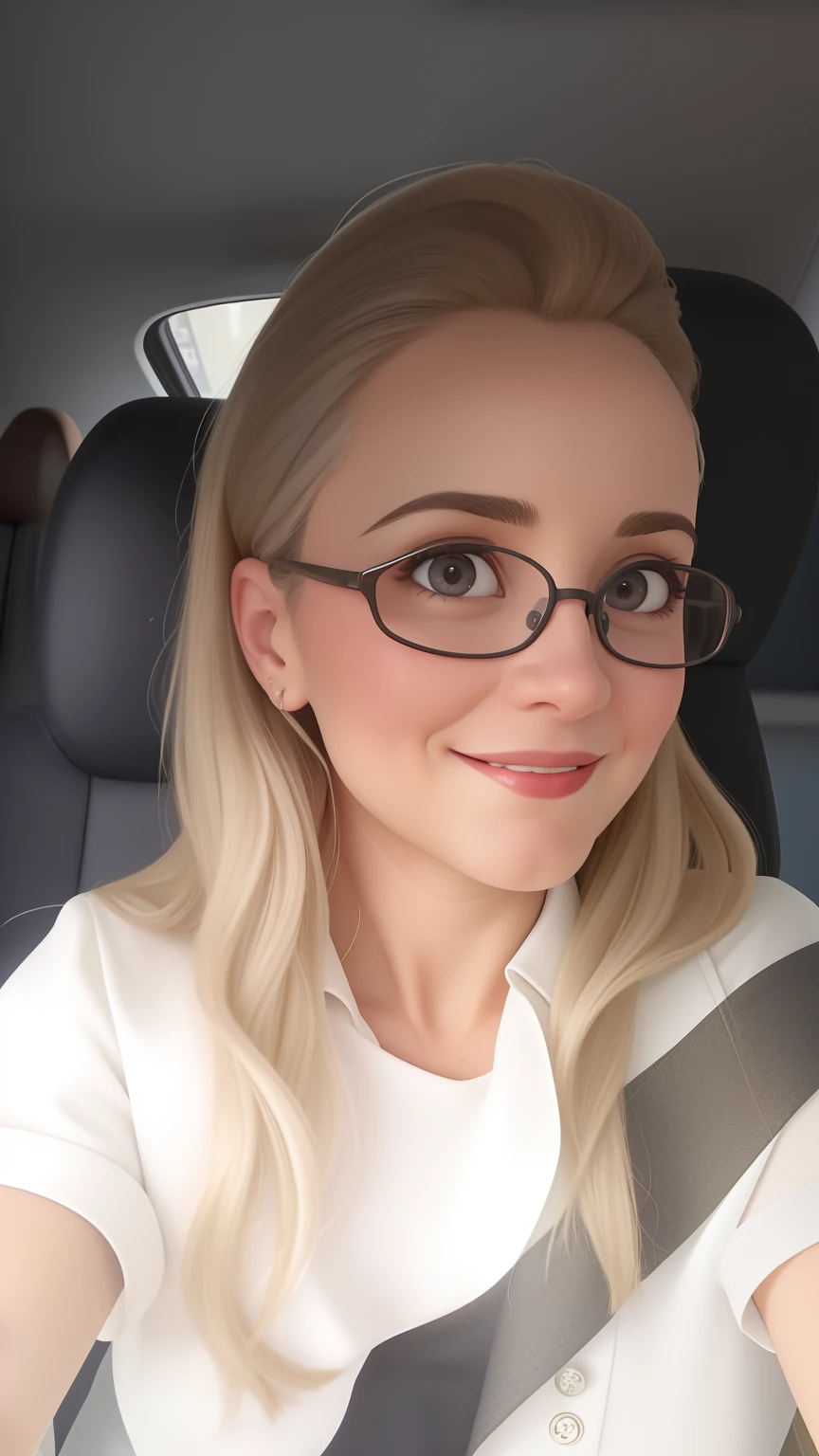Uma mulher de 50 anos, com cabelos castanhos cumpridos, Rosto redondo, rosto redondo com sorriso encantador, e olhos castanhos, wearing glasses. TV presenter looking at the camera alta qualidade