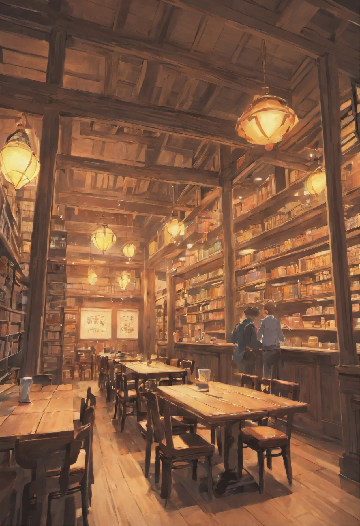 Classic Library,There are a lot of books on the shelves, cozy cafe background, Cozy place, Welcoming environment, designed for cozy aesthetics, relaxing concept art, Cozy home background, cosy atmosphere, Comfortable and cozy atmosphere, highly detailed scenario, a multidimensional cozy tavern, Cozy and peaceful atmosphere, Cozy living room background, Welcoming environment, cosy atmosphere, ultradetailed environment、Wooden table、Wooden chair、Warm lighting