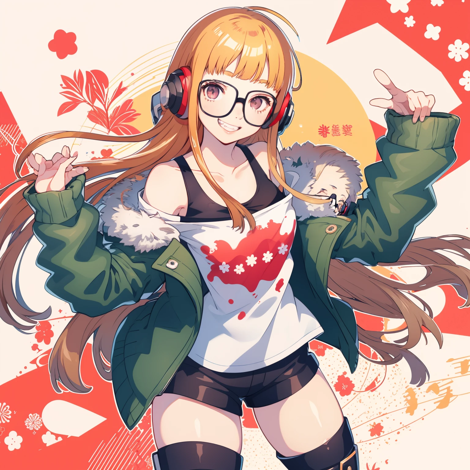 masutepiece, Best Quality, hight resolution, 1girl in, futaba sakura, Blunt bangs, Glasses, black-framed eyewear, Ahoge, Small breasts, Glasses, headphones, behind-the-head headphones, White shirt, Jacket, off shoulders, Fur trim, fur-trimmed jacket, Green jacket, Shorts, thighs thighs thighs thighs, long boots, Cowboy Shot,the golden hour、grin