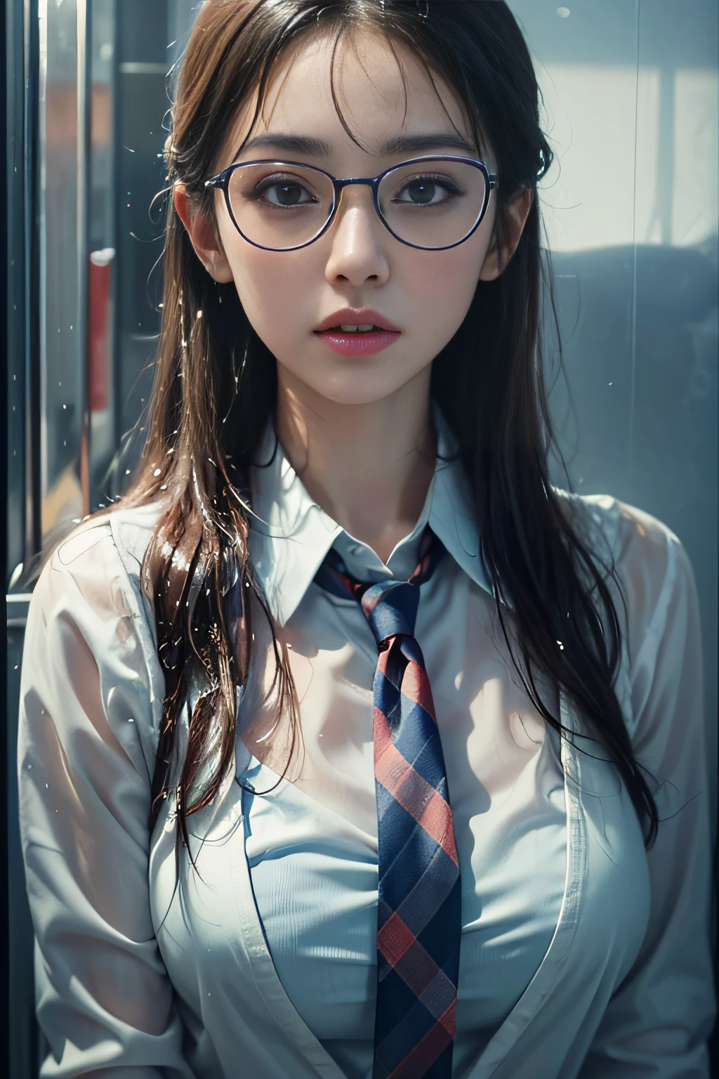 ((Schoolgirl on the train door))、((Wet white blazer)),((Translucent wet white blouse、red bowtie、Dark blue checked skirt)).((No bra)) 40k, Photography, masutepiece, Best Quality, Rainy Pattern Background, ((1 Gorgeous wet light hair girl with beautiful eyes, She wears glasses on her beautiful face, )). White skin, Poses variadas.((breasts of medium size,:1.1)), Best Quality, masutepiece, Ultra high definition, (Photorealistic:1.4), Raw photo, (perfect body type), (slim:1.3), Slim abdomen, Perfect slim figure, dynamicposes, (((Full-figured :0.9))), Solo, Cold Light 12000K, Highly detailed facial and skin texture, Detailed eyes, Realistic eyes, Beautiful detailed eyes, (Realistic skin), Attractive, 超A high resolution, A hyper-realistic, Highly detailed,((she is soaking wet))、((erection))、((posterior view)),((Looks Back))、