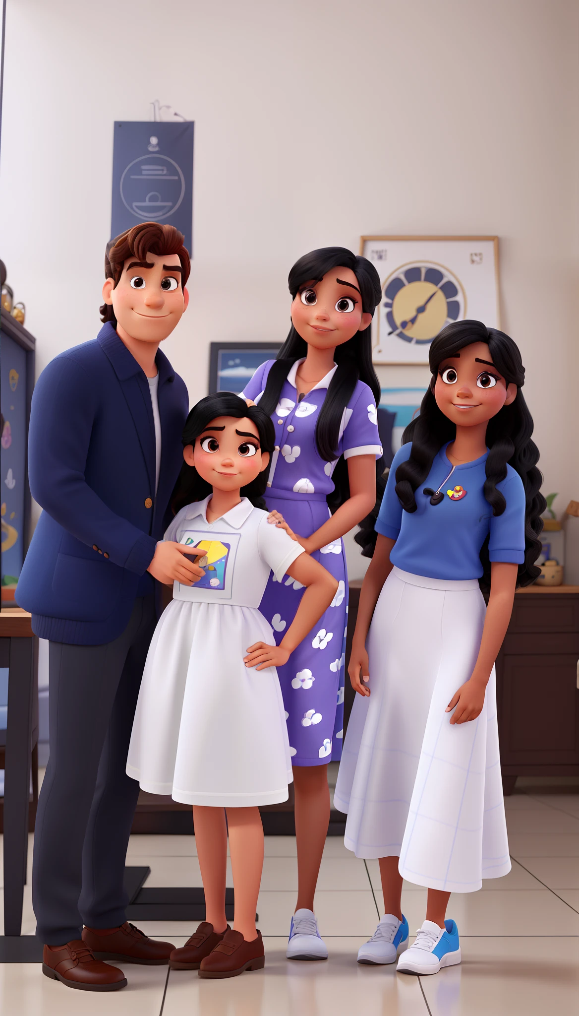Pessoas estilo disney pixar, homem de terno e gravata cabelo preto,mulher cabelo castanho liso cabelo liso cumprido meninao preto