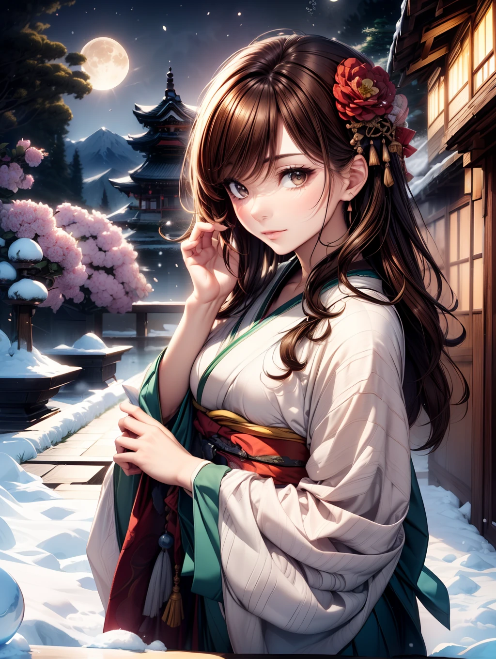 Best Quality, masutepiece, beautiful mature women、Beautiful face、Strong-minded woman、((Kimono))brown haired、(Brown-eyed)、Longhaire、Undersized eyes、(((Japanese garden、camellia)))、(Snow is piled up、Moon Night、fullmoon)