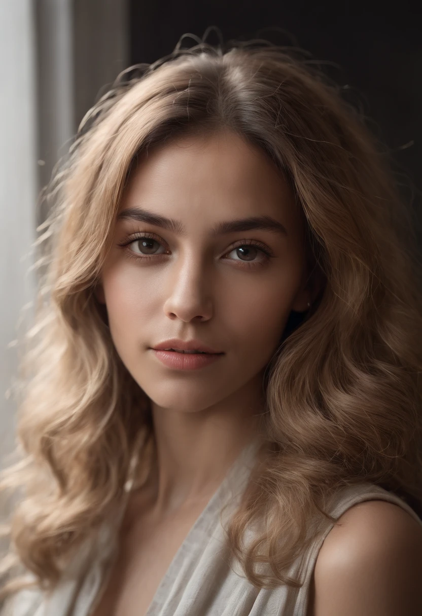 Full body portrait of a charming 18 year old women with curly hay coloured hair, a late 80s look, small freckles, petite figure, beautiful face, captivating dark green eyes, and modest bust size, showcasing her natural beauty, posing in a bedroom, photorealistic, real life, wearing white lingerie