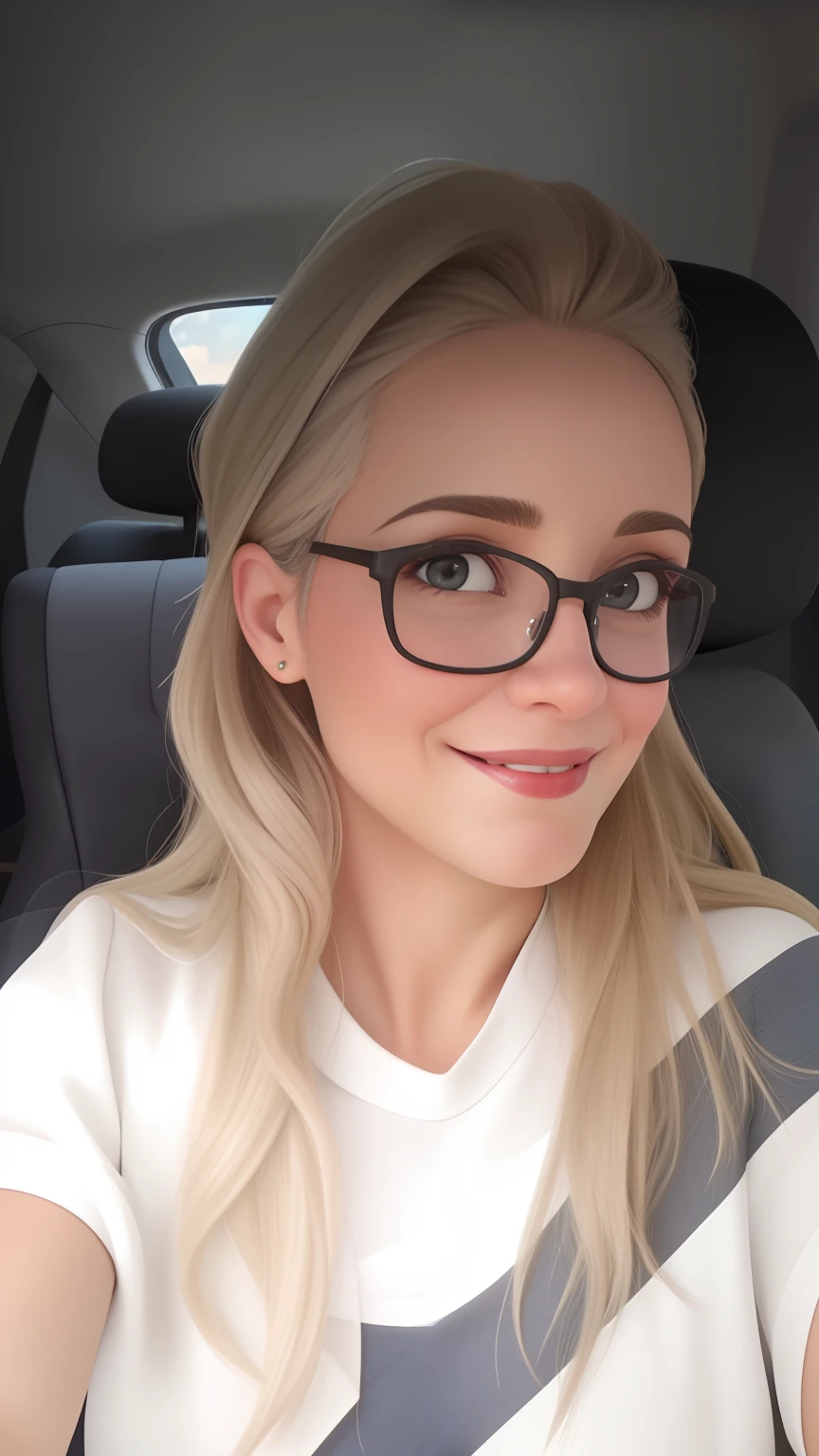 Uma mulher de 50 anos, com cabelos castanhos cumpridos, Rosto redondo, rosto redondo com sorriso encantador, e olhos castanhos, wearing glasses.  TV presenter looking at the camera alta qualidade