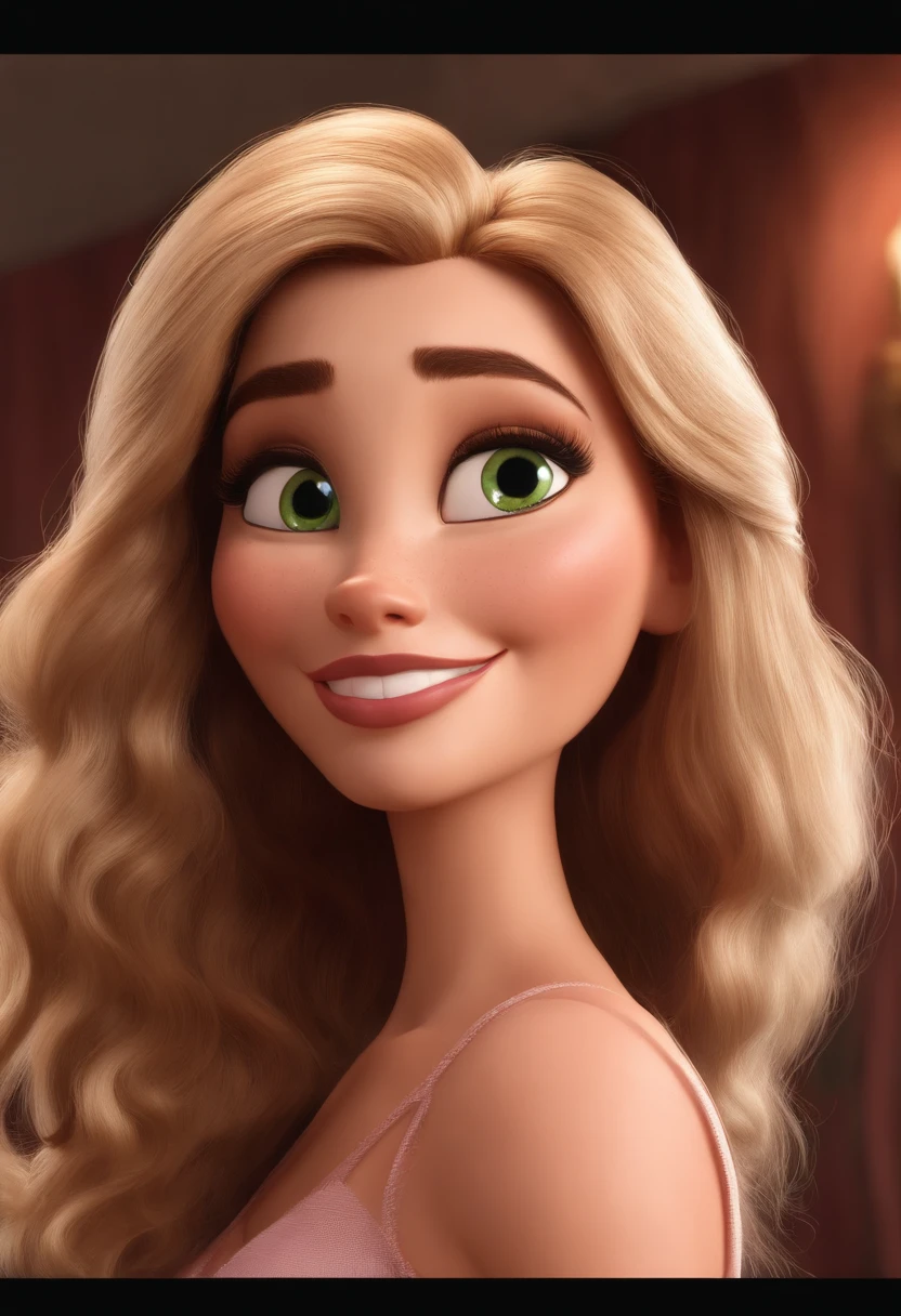 Imagem estilo Pixar com personagem 3D mulher mulher de 40 anos, morena, cabelo liso comprido olhos verde, rosto redondo, labios finos, trabalhando no escritorio , Maquiagem Disney, bonitinho, sorridente ,Close-up, Pixar, Disney, Cinema lighting,