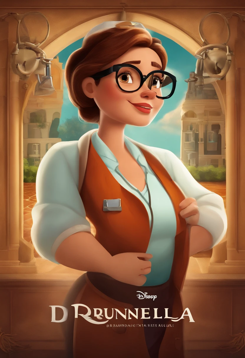 Create a poster in the style of Disney PIXAR movies and examine the title: BRUNELLA.
The setting should be a beautiful doctor's office, com cores claras e amplo. The main image should be of a beautiful female doctor, De pele clara, cabelos lisos escuros longos, sorriso no rosto, Wearing glasses and dressed like a doctor. The woman must occupy up to 30% da imagem, at the top should have the title in PIXAR DISNEY handwriting and style.