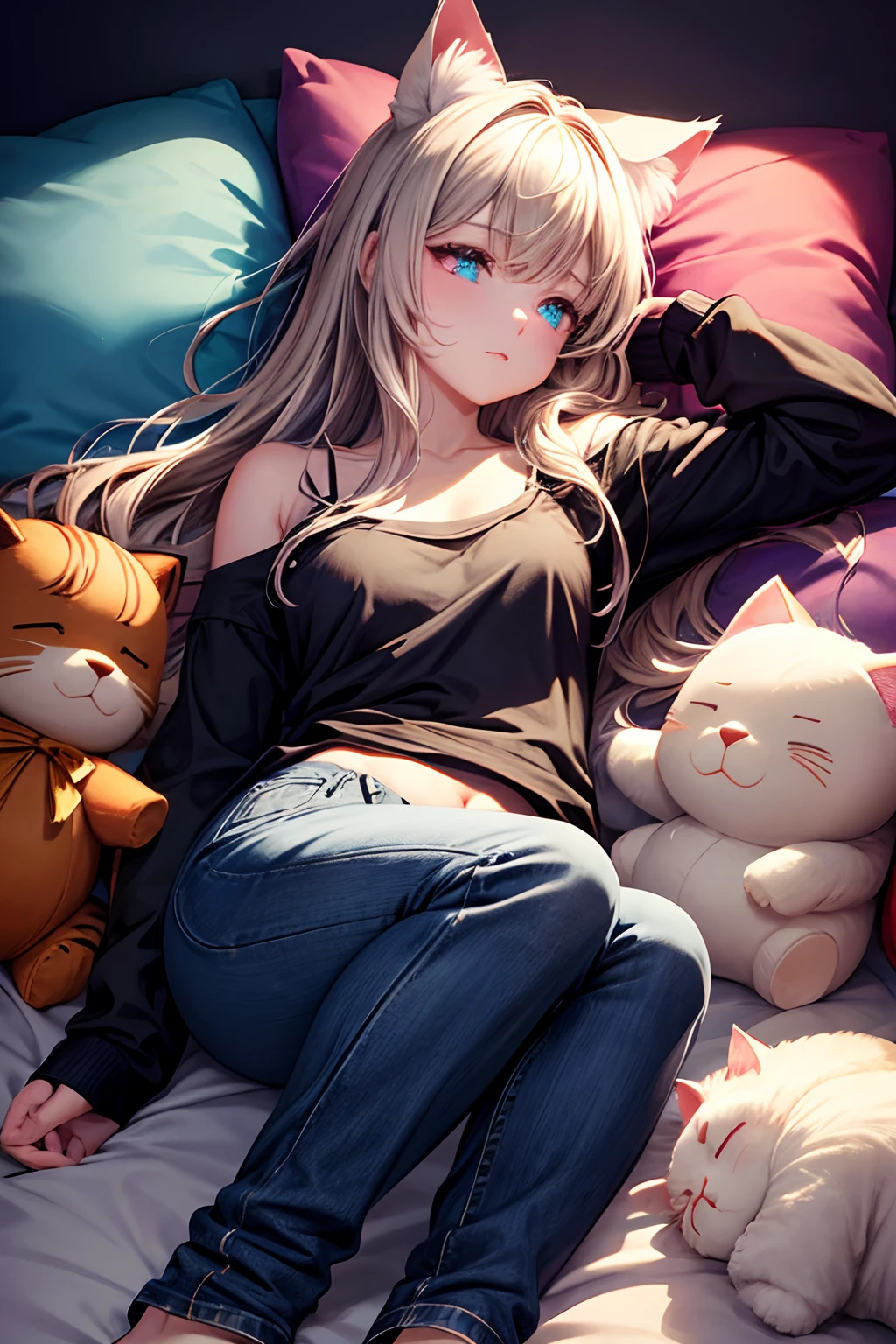 Top quality, high resolution, perfect human anatomy, background focus, front view, glowing hair, glowing eyes, cat ears, long sleeves, jeans, medium chest, surrounded by stuffed animals, lying down, sleeping, gradient eyes, swept bangs,