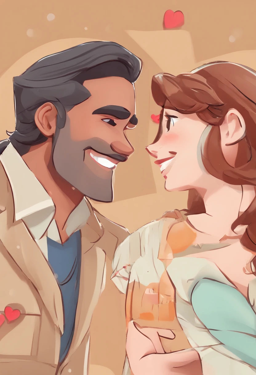 An illustration of an adorable couple, destacando um homem e uma mulher com bonito, Expressive eyes – the man's skin is black and the man's hair is curly and black, while the woman's skin is white and the woman's hair is wavy and dark blonde. They are a bright room, cada um com um sorriso no rosto, e compartilhar um momento especial caracterizado pelo amor. Illustrate this scene from a perspective where they are facing away from the camera, Showing Your Connection. Desenvolva esta arte em Full HD, Focus on your cinematic touch, Estilo Disney Pixar Animations