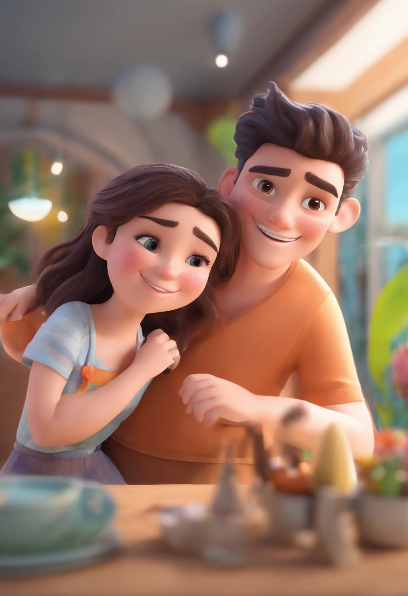 An illustration of an adorable couple, destacando um homem e uma mulher com bonito, Expressive eyes – the man's skin is black and the man's hair is curly and black, while the woman's skin is white and the woman's hair is wavy and dark blonde. They are a bright room, cada um com um sorriso no rosto, e compartilhar um momento especial caracterizado pelo amor. Illustrate this scene from a perspective where they are facing away from the camera, Showing Your Connection. Desenvolva esta arte em Full HD, Focus on your cinematic touch, Estilo Disney Pixar Animations