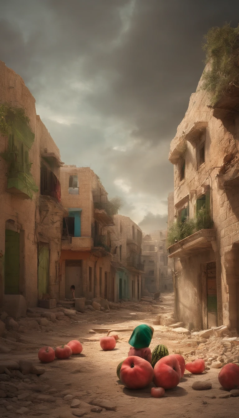 destroyed abandoned city in palestine, with kids hug watermelon