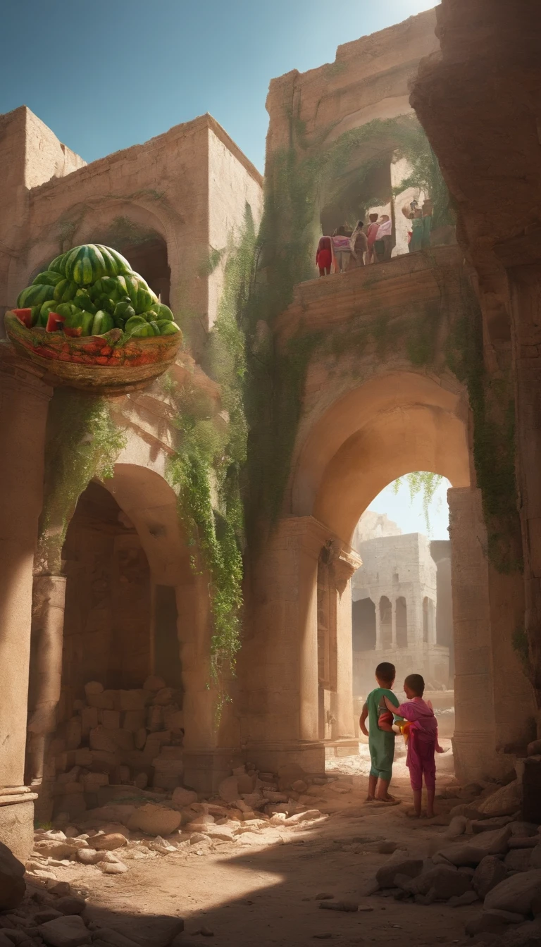 destroyed abandoned city in palestine, with kids hug watermelon