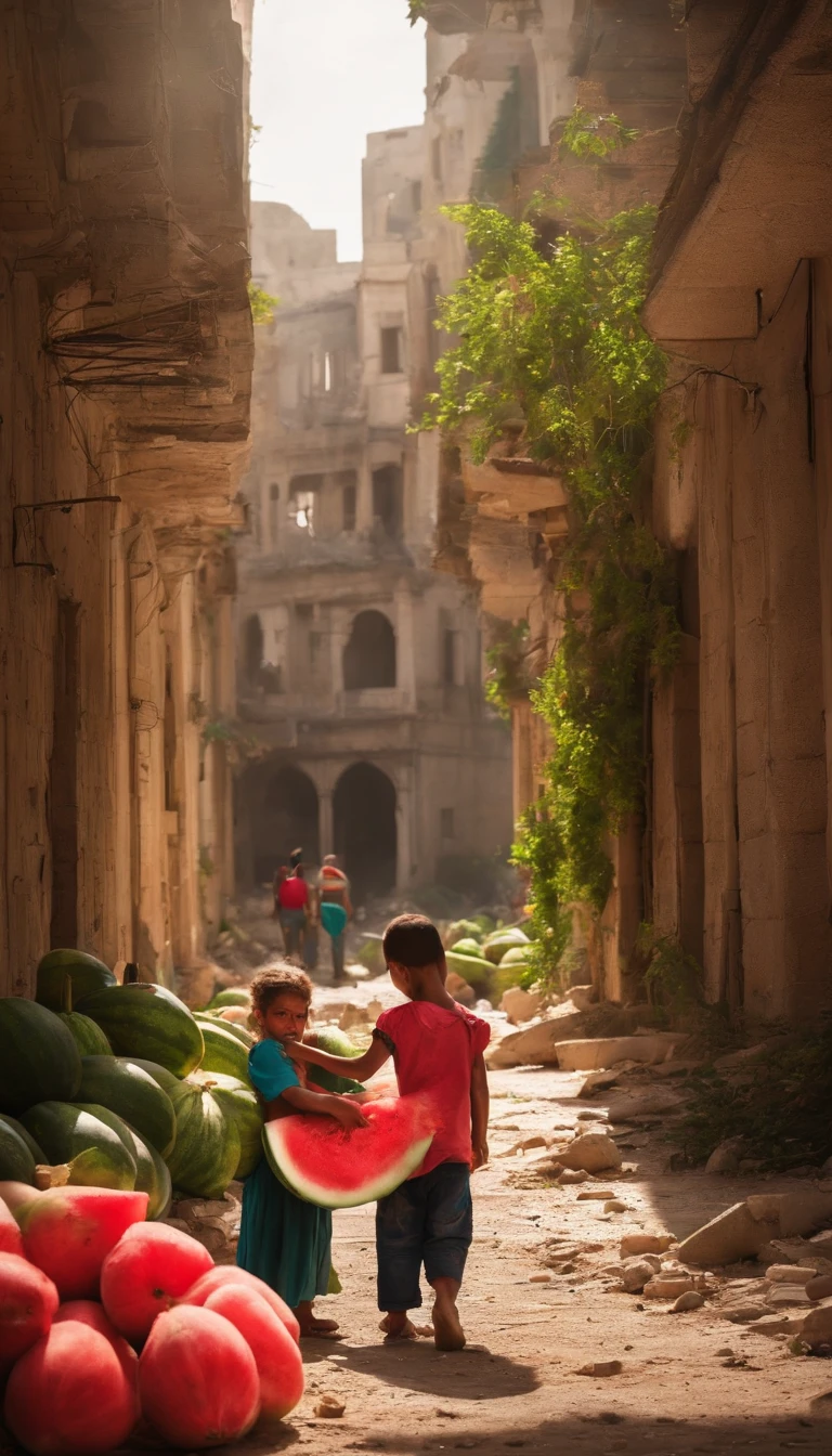 destroyed abandoned city in palestine, with kids hug watermelon